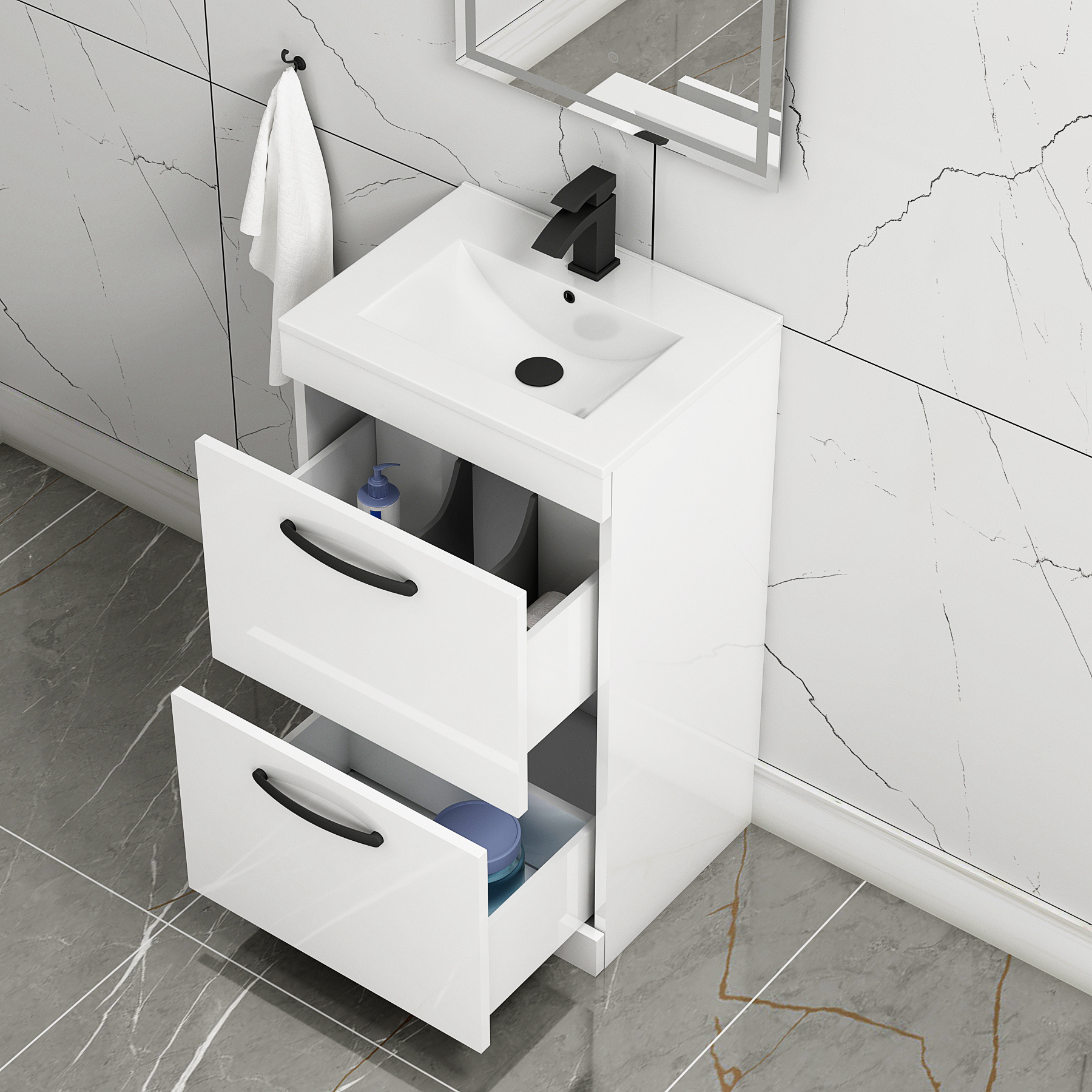 Turin 500mm Floor Standing Vanity Unit Gloss White 2 Drawer Minimalist Basin Unit with Matt Black Handle