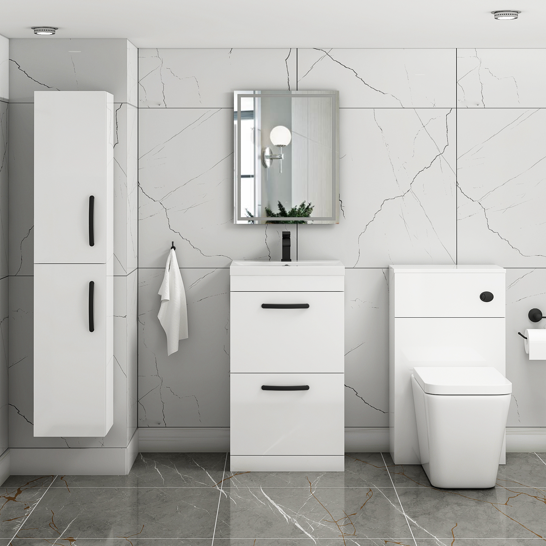 Turin 500mm Floor Standing Vanity Unit Gloss White 2 Drawer Mid-Edge Basin Unit with Matt Black Handle