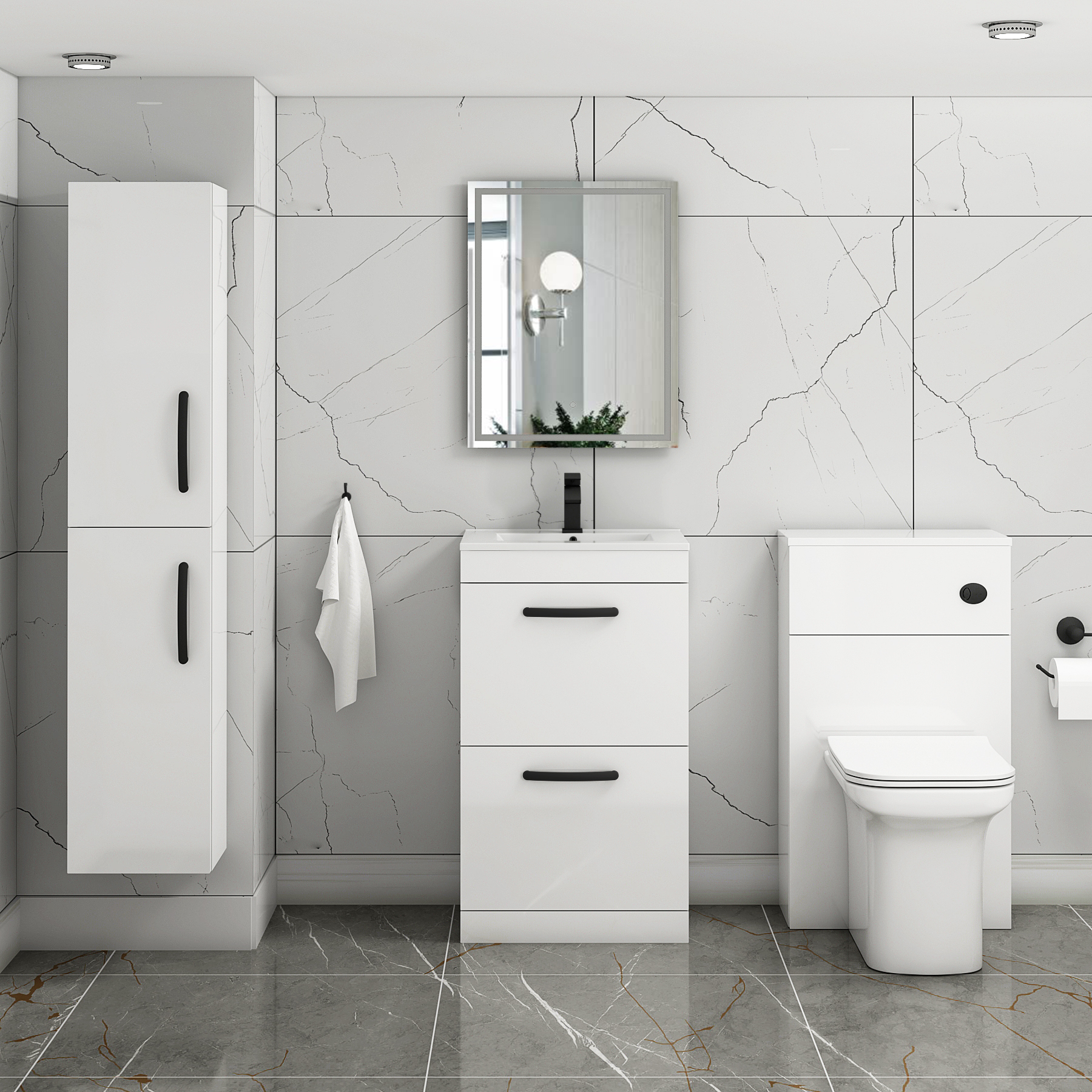 Turin 500mm Floor Standing Vanity Unit Gloss White 2 Drawer Minimalist Basin Unit with Matt Black Handle