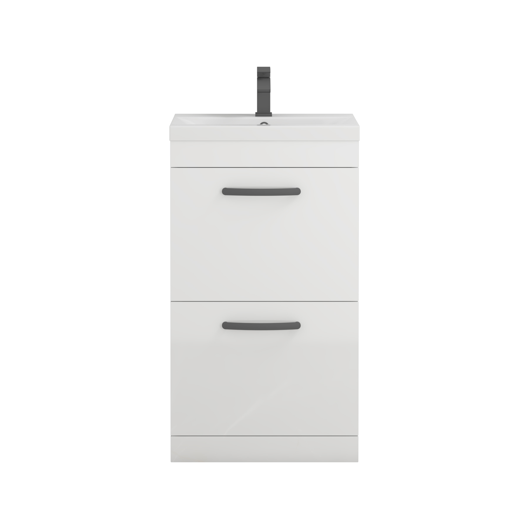 Turin 500mm Floor Standing Vanity Unit Gloss White 2 Drawer Mid-Edge Basin Unit with Matt Black Handle