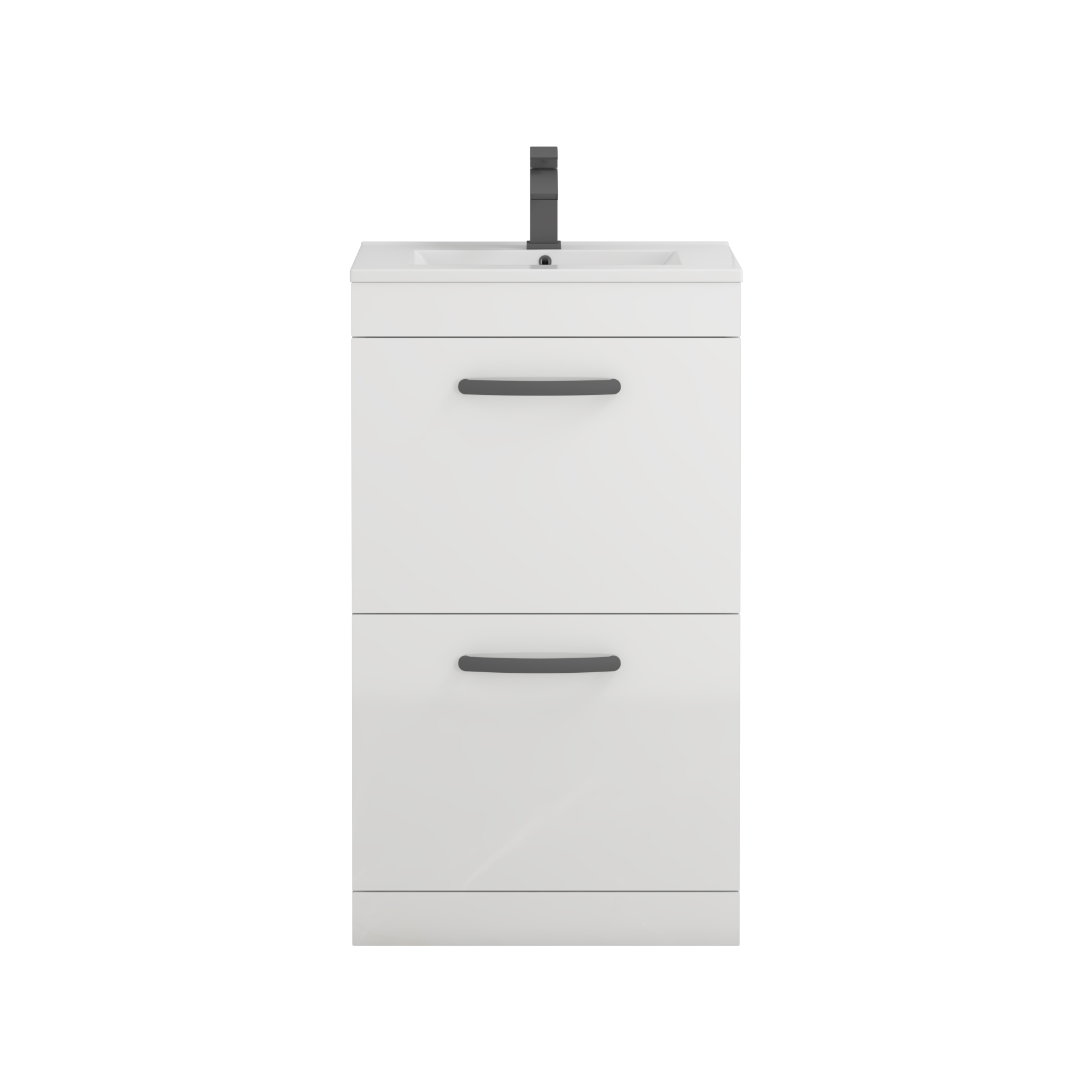 Turin 500mm Floor Standing Vanity Unit Gloss White 2 Drawer Minimalist Basin Unit with Matt Black Handle