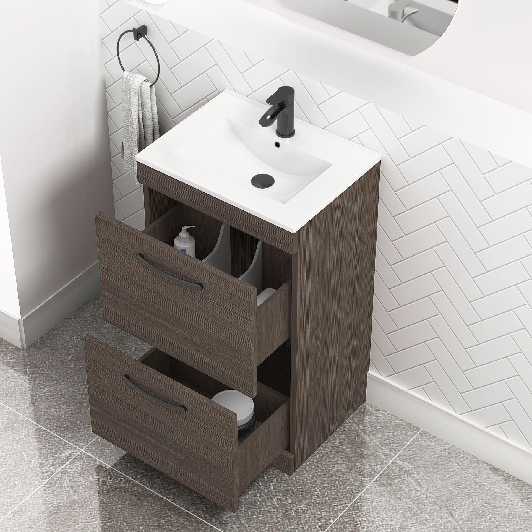 Turin 500mm Floor Standing Vanity Unit Grey Elm 2 Drawer Minimalist Basin Unit with Matt Black Handle