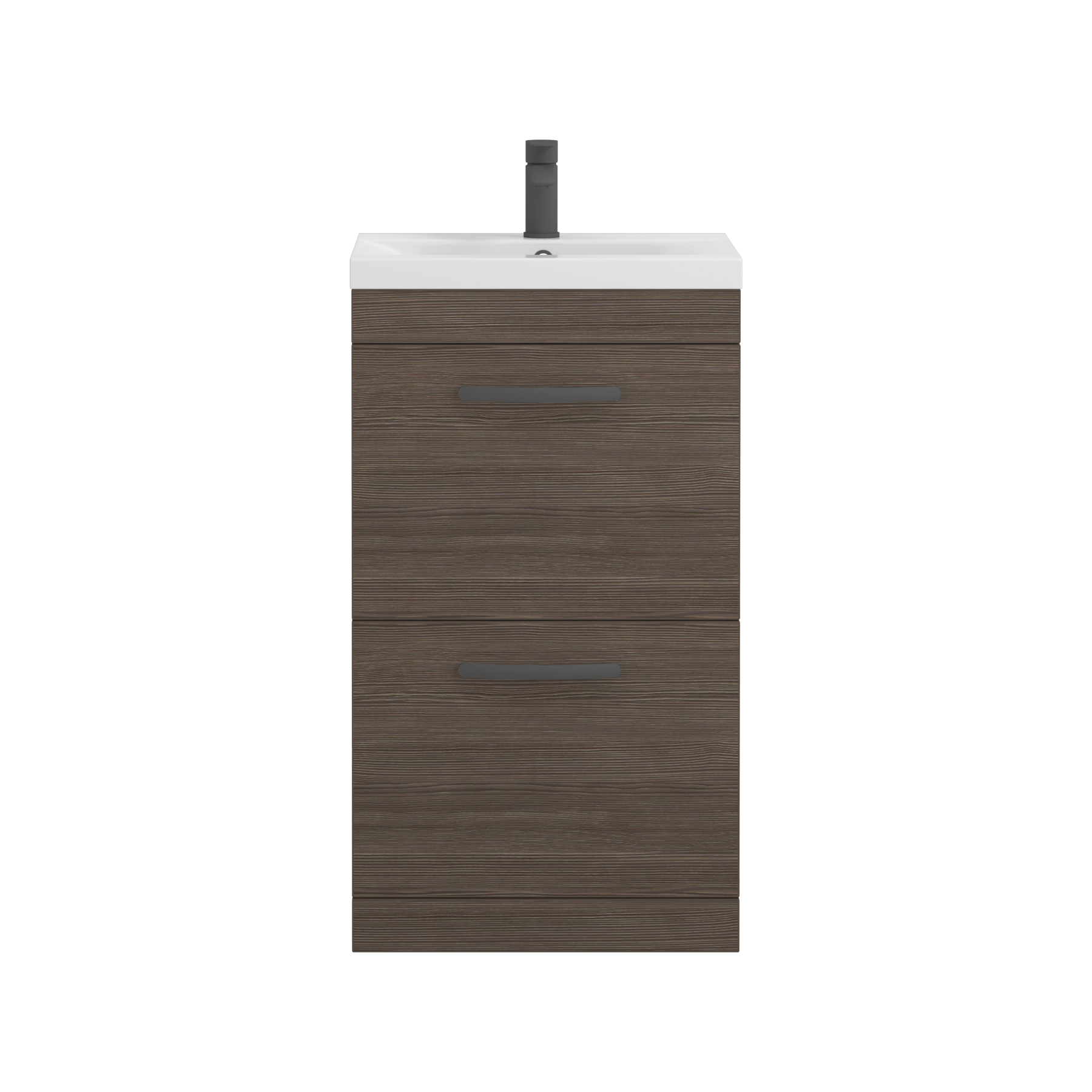 Turin 500mm Floor Standing Vanity Unit Grey Elm 2 Drawer Mid-Edge Basin Unit with Matt Black Handle