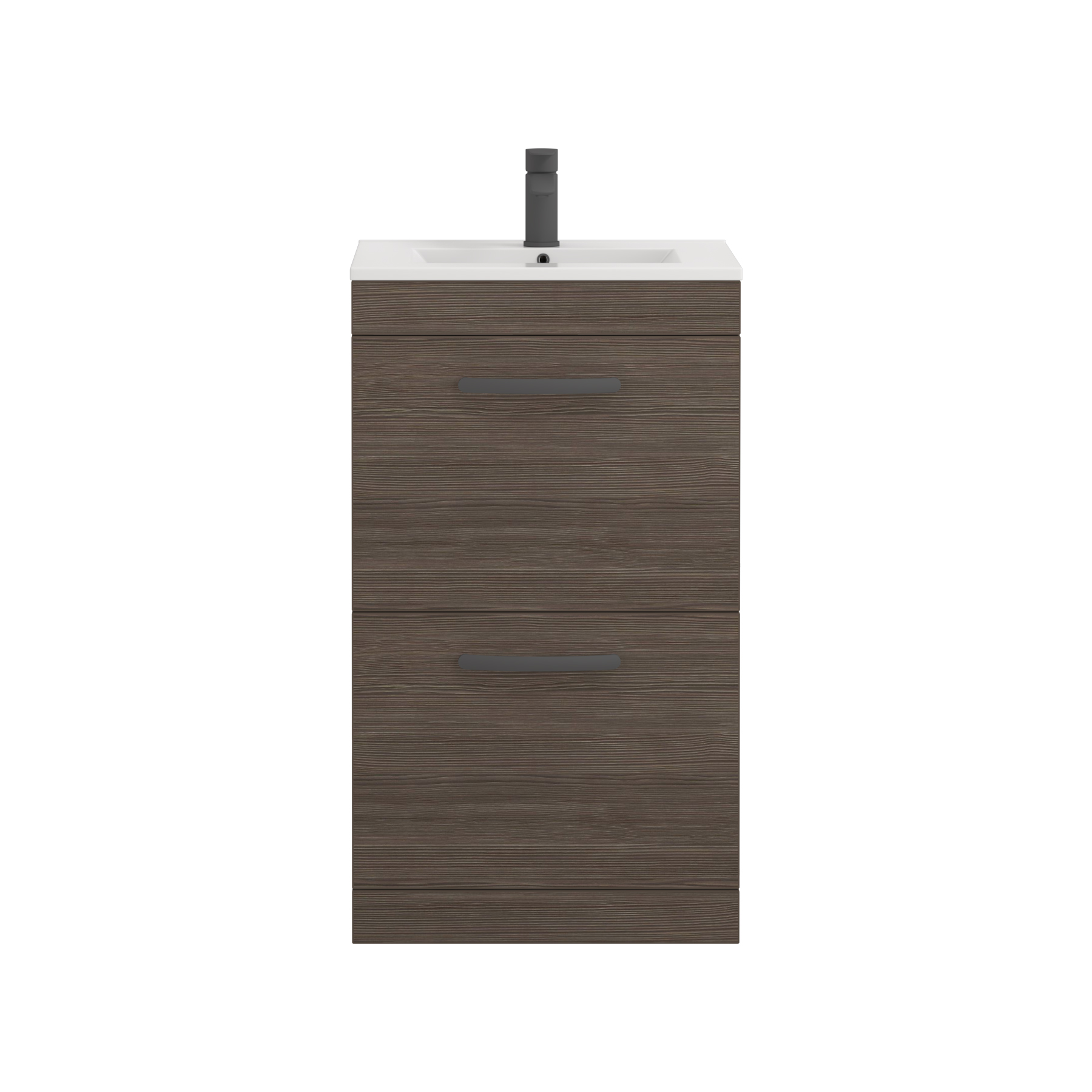 Turin 500mm Floor Standing Vanity Unit Grey Elm 2 Drawer Minimalist Basin Unit with Matt Black Handle
