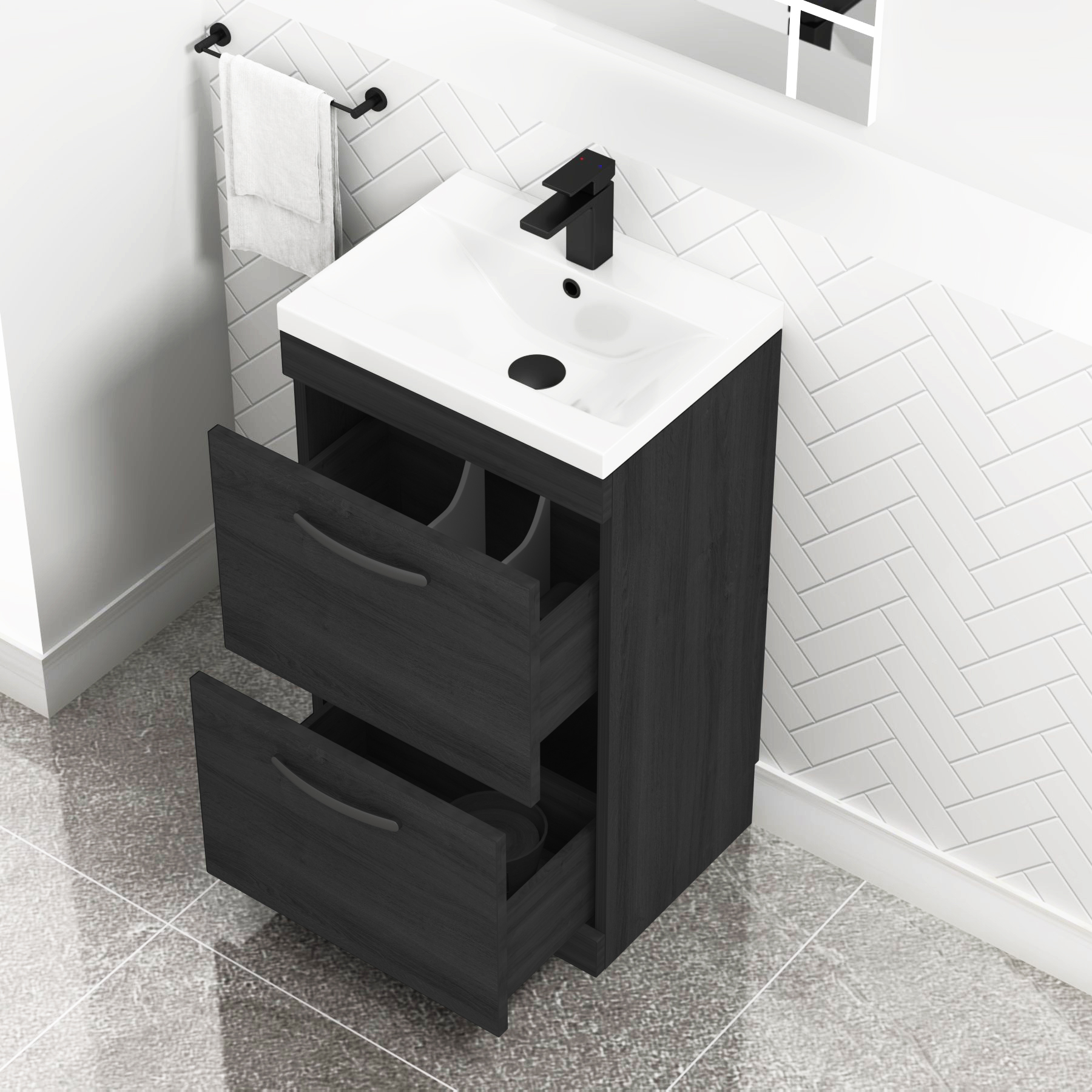 Turin 500mm Floor Standing Vanity Unit Hale Black 2 Drawer Mid-Edge Basin Unit with Matt Black Handle