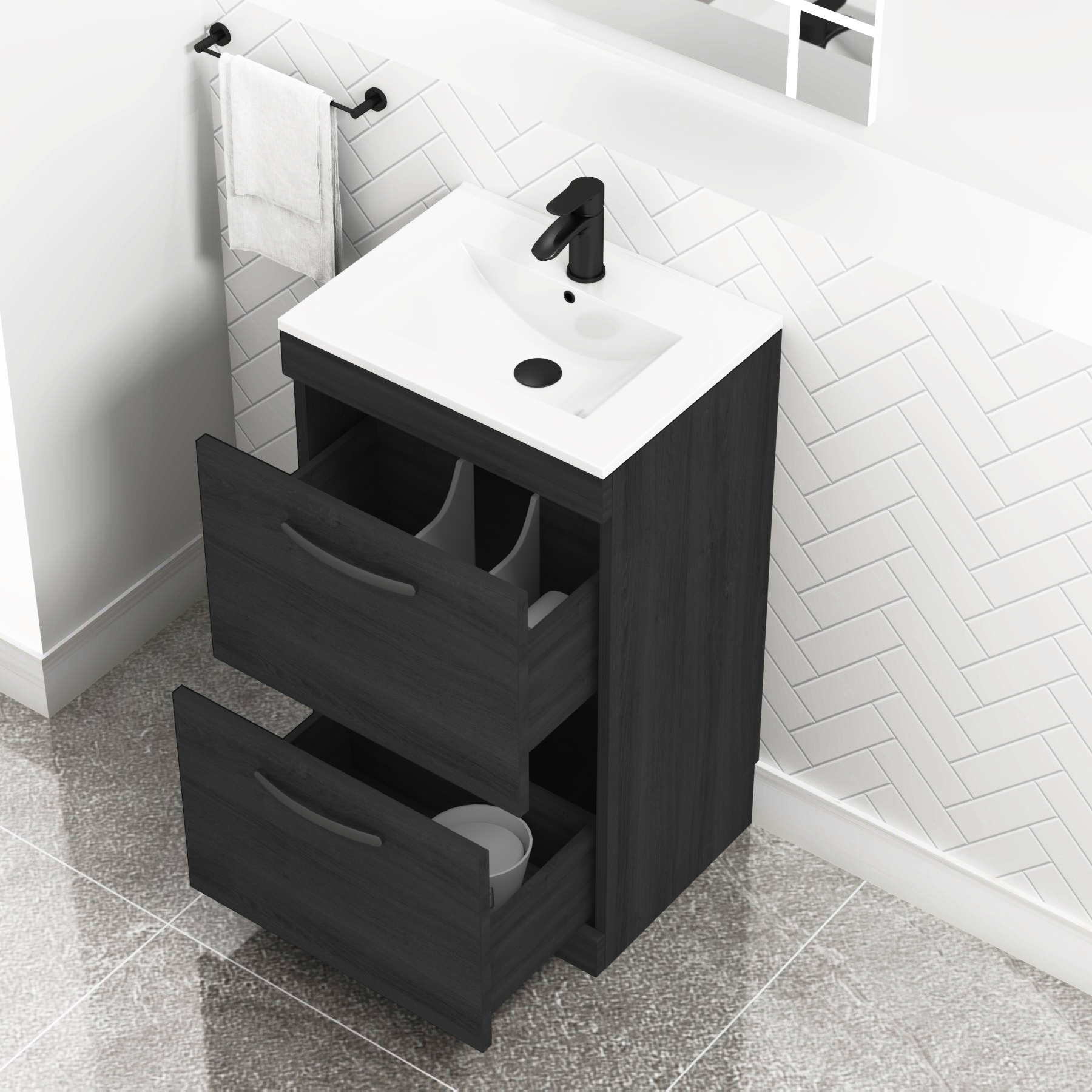 Turin 500mm Floor Standing Vanity Unit Hale Black 2 Drawer Minimalist Basin Unit with Matt Black Handle