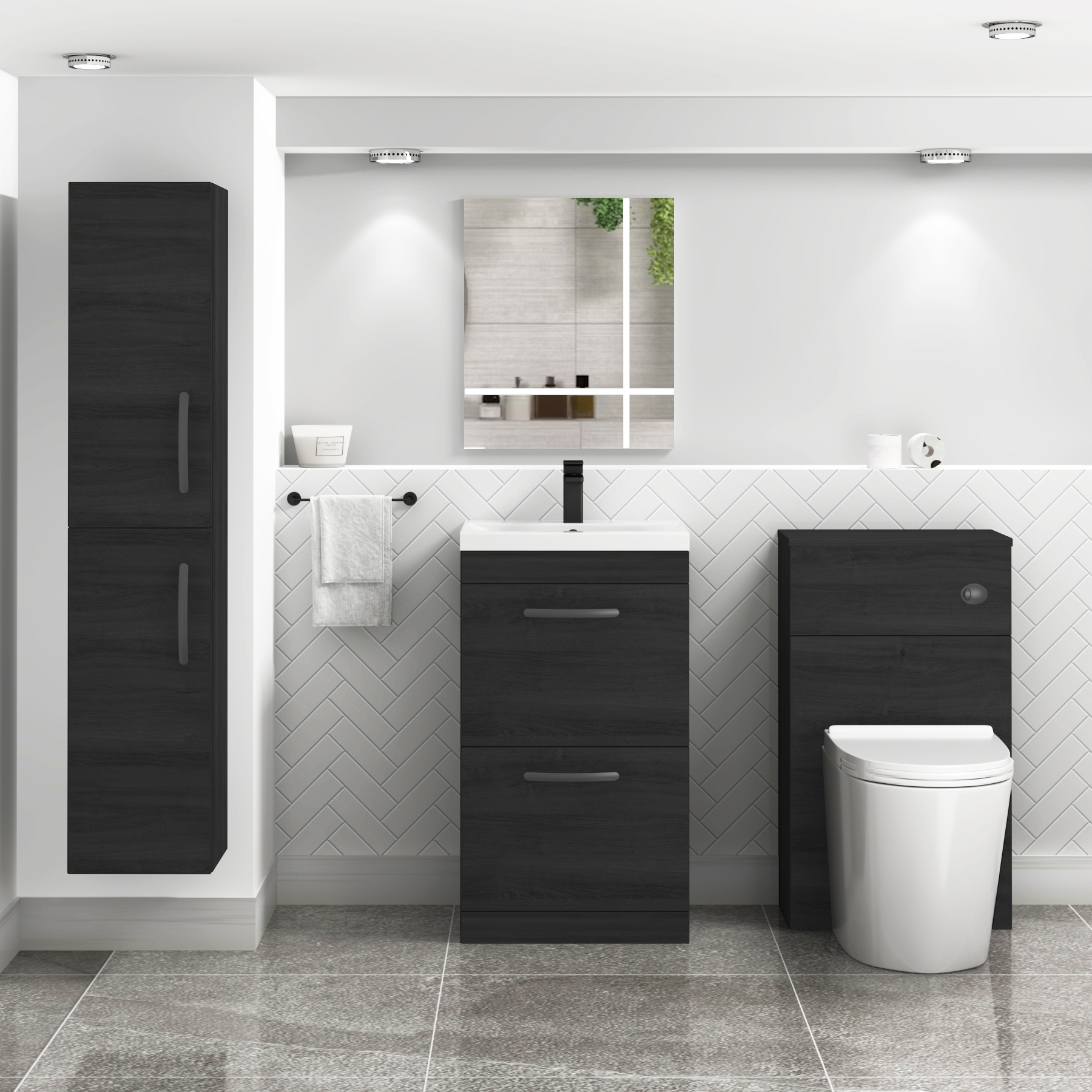 Turin 500mm Floor Standing Vanity Unit Hale Black 2 Drawer Mid-Edge Basin Unit with Matt Black Handle