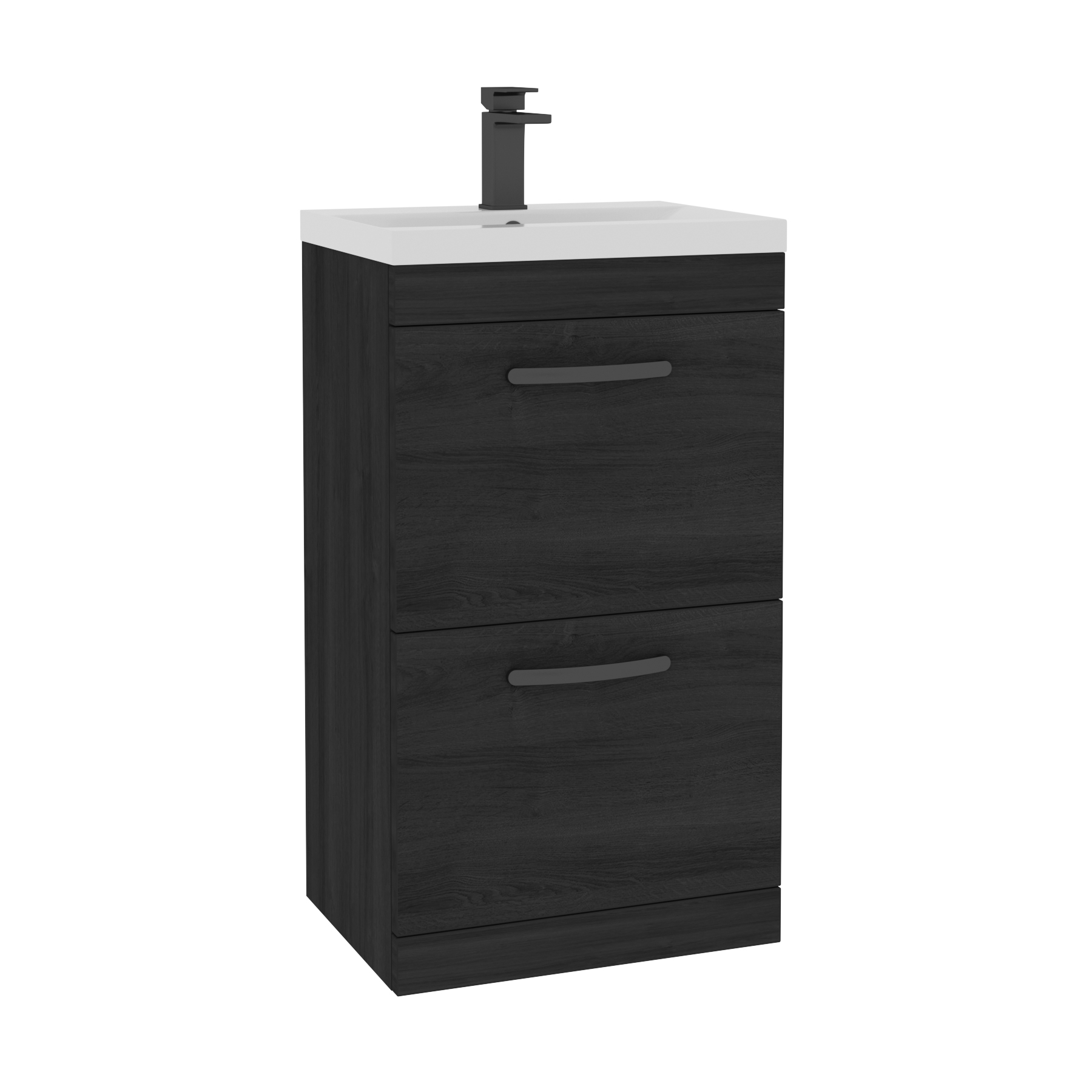 Turin 500mm Floor Standing Vanity Unit Hale Black 2 Drawer Mid-Edge Basin Unit with Matt Black Handle