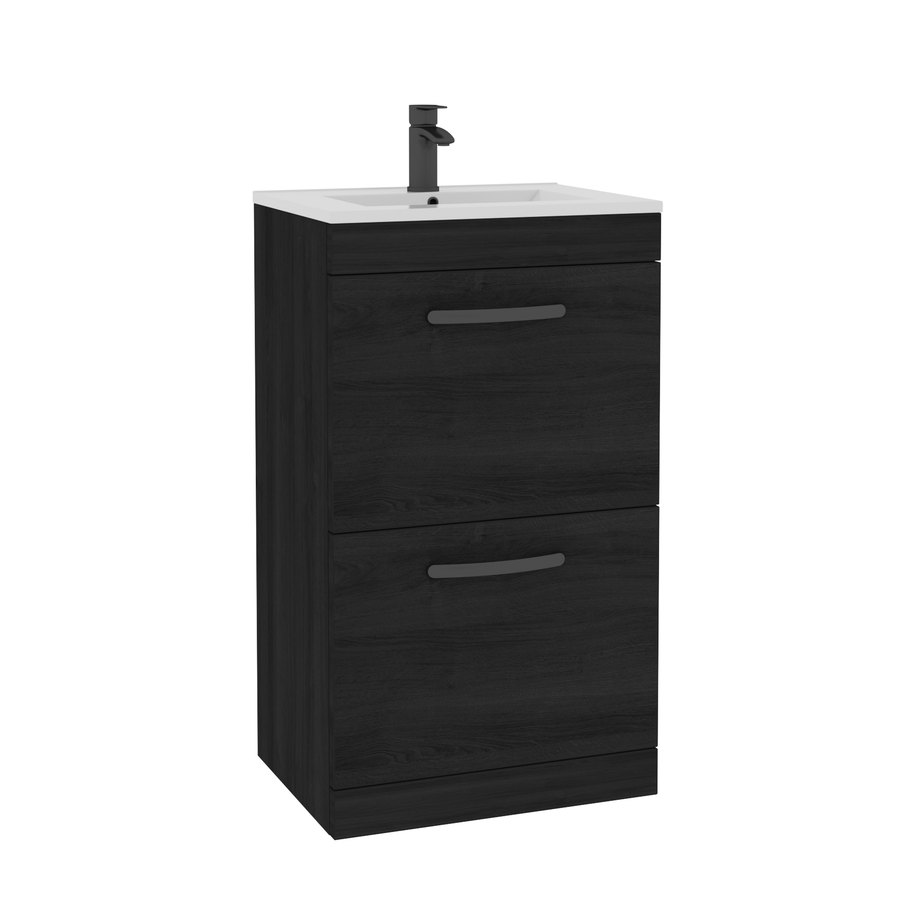 Turin 500mm Floor Standing Vanity Unit Hale Black 2 Drawer Minimalist Basin Unit with Matt Black Handle
