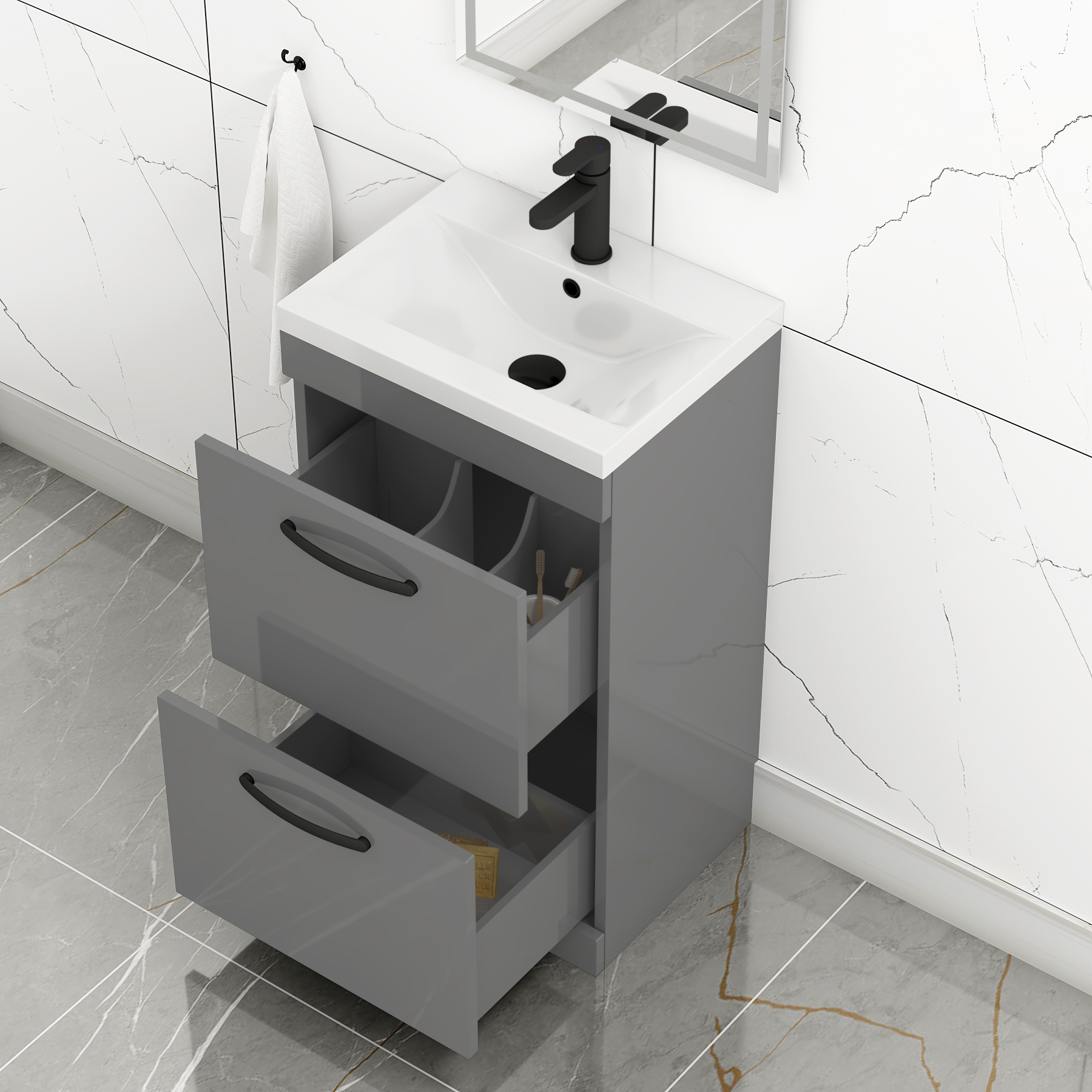 Turin 500mm Floor Standing Vanity Unit Indigo Grey Gloss 2 Drawer Mid-Edge Basin Unit with Matt Black Handle