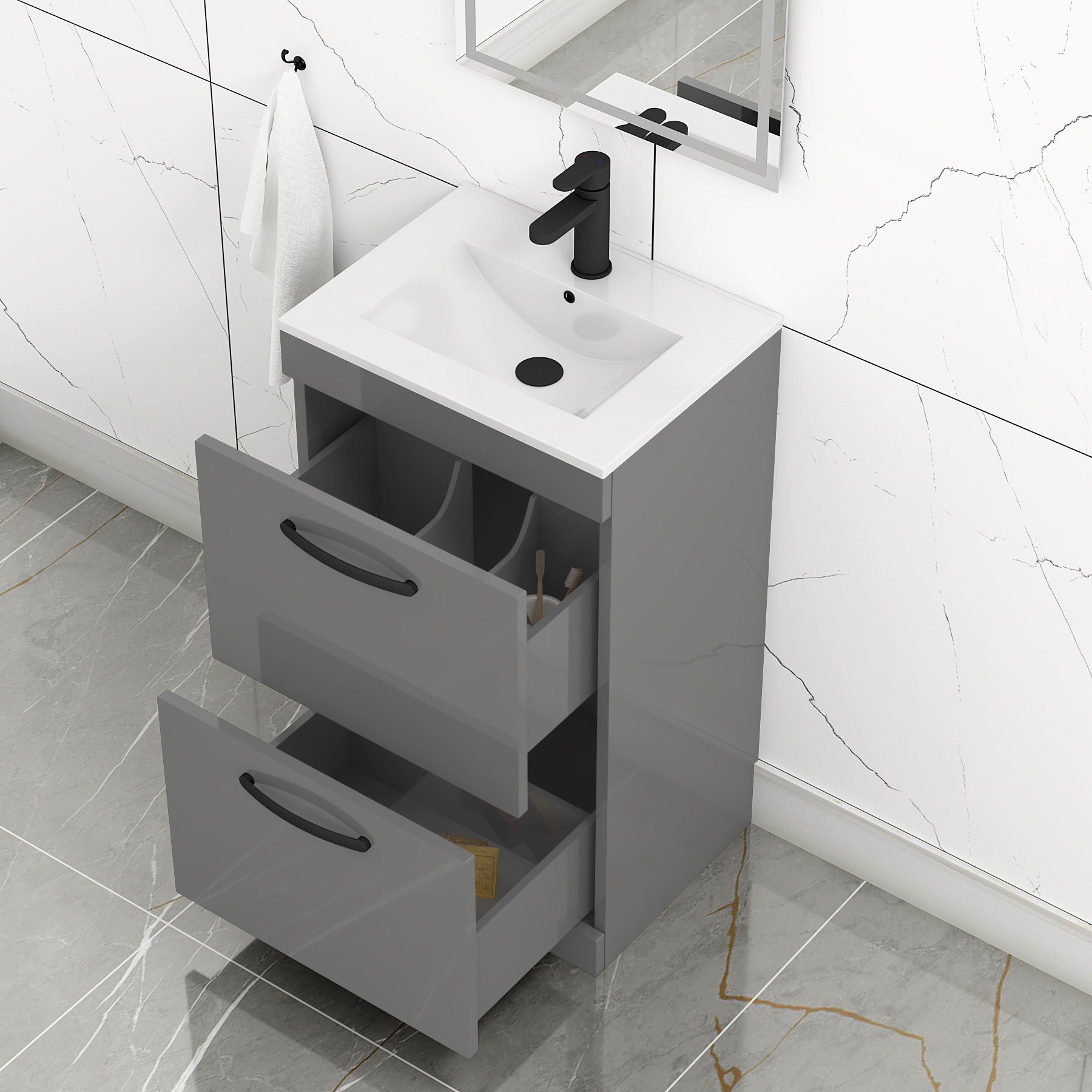 Turin 500mm Floor Standing Vanity Unit Indigo Grey Gloss 2 Drawer Minimalist Basin Unit with Matt Black Handle