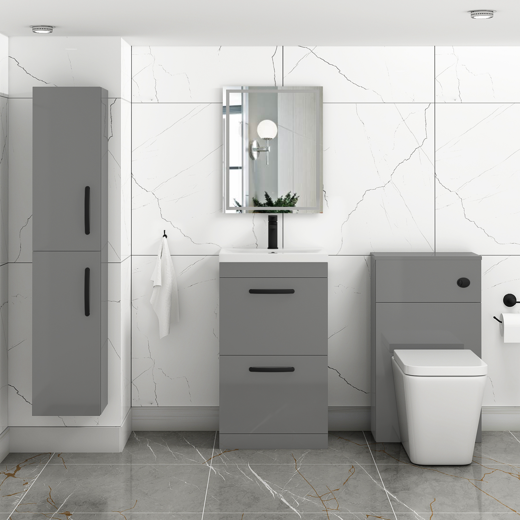 Turin 500mm Floor Standing Vanity Unit Indigo Grey Gloss 2 Drawer Mid-Edge Basin Unit with Matt Black Handle