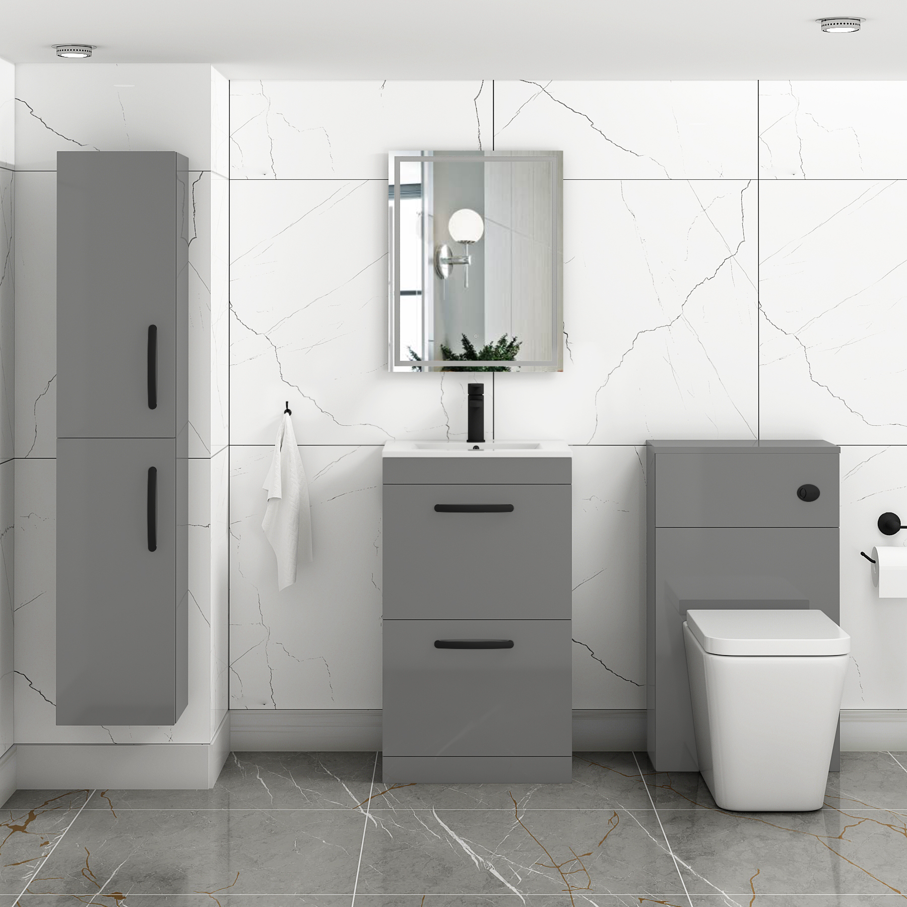 Turin 500mm Floor Standing Vanity Unit Indigo Grey Gloss 2 Drawer Minimalist Basin Unit with Matt Black Handle