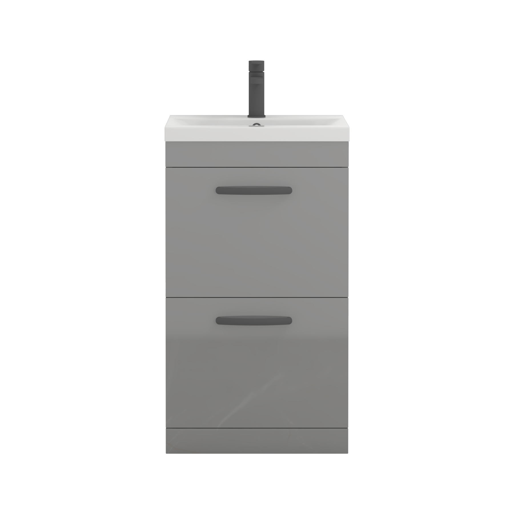 Turin 500mm Floor Standing Vanity Unit Indigo Grey Gloss 2 Drawer Mid-Edge Basin Unit with Matt Black Handle