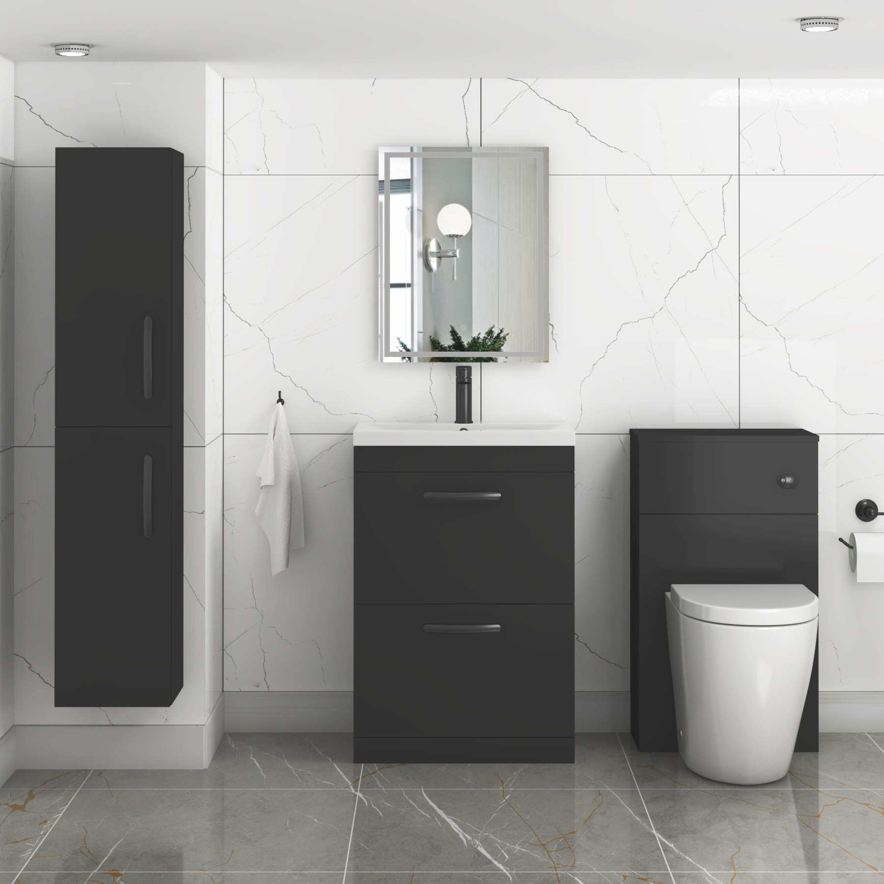 Turin Matt Black 2 Drawer Floor Standing Vanity Unit with Mid-Edge Basin - Multiple Sizes