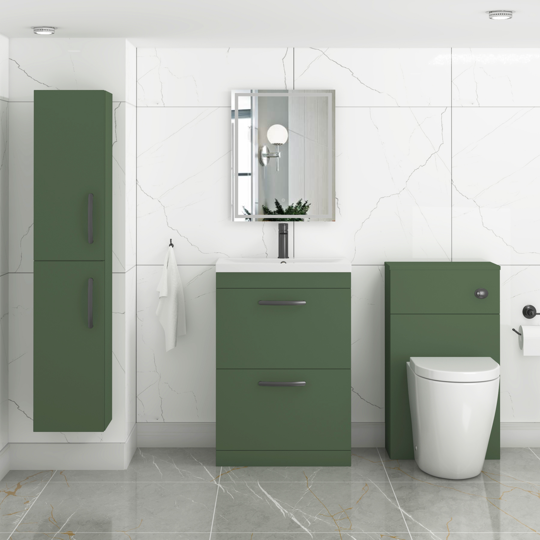 Turin Matt Green 2 Drawer Floor Standing Vanity Unit with Mid-Edge Basin - Multiple Sizes