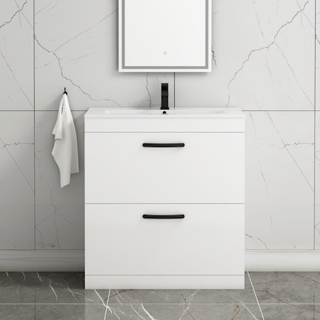 Turin 800mm Floor Standing Vanity Unit Gloss White 2 Drawer Minimalist Basin Unit with Matt Black Handle