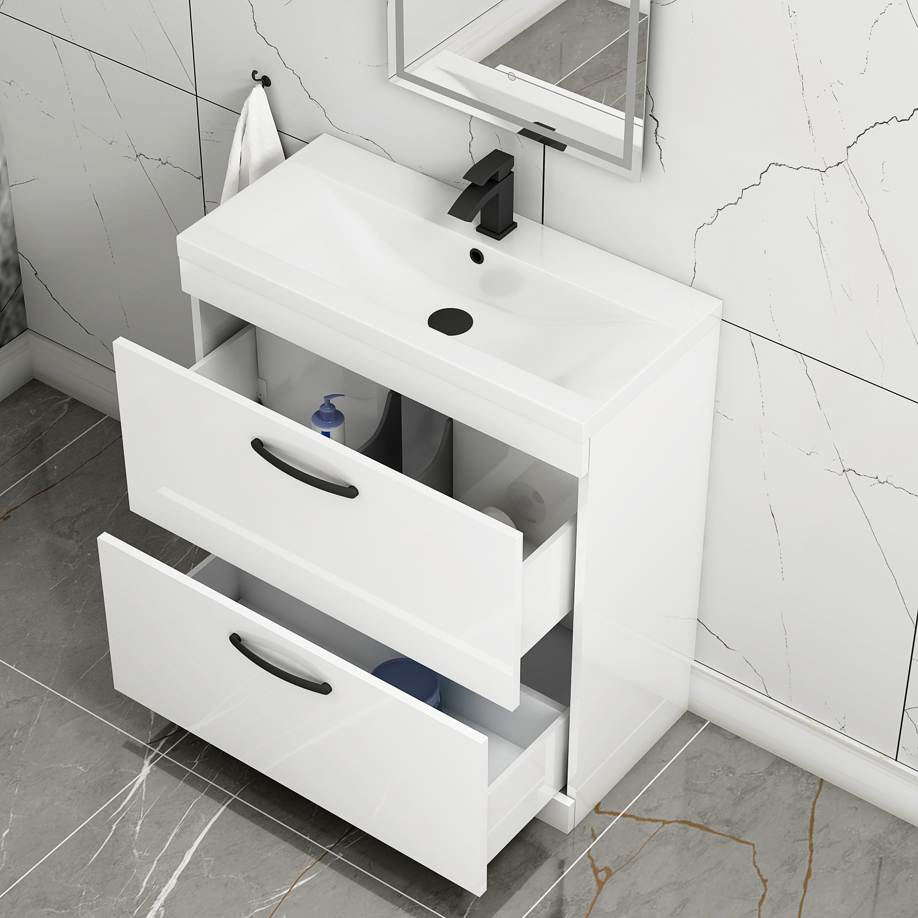 Turin 800mm Floor Standing Vanity Unit Gloss White 2 Drawer Mid-Edge Basin Unit with Matt Black Handle