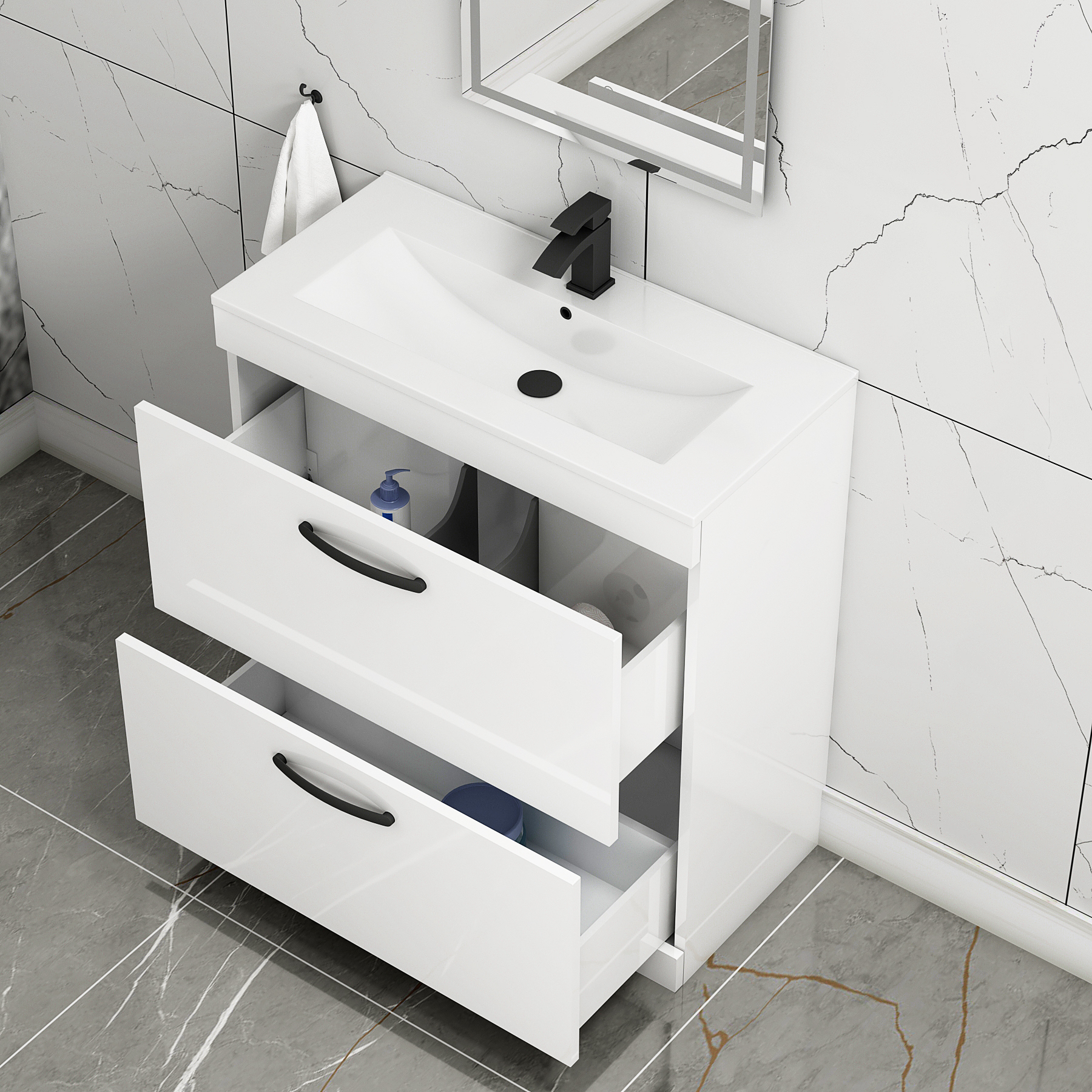 Turin 800mm Floor Standing Vanity Unit Gloss White 2 Drawer Minimalist Basin Unit with Matt Black Handle