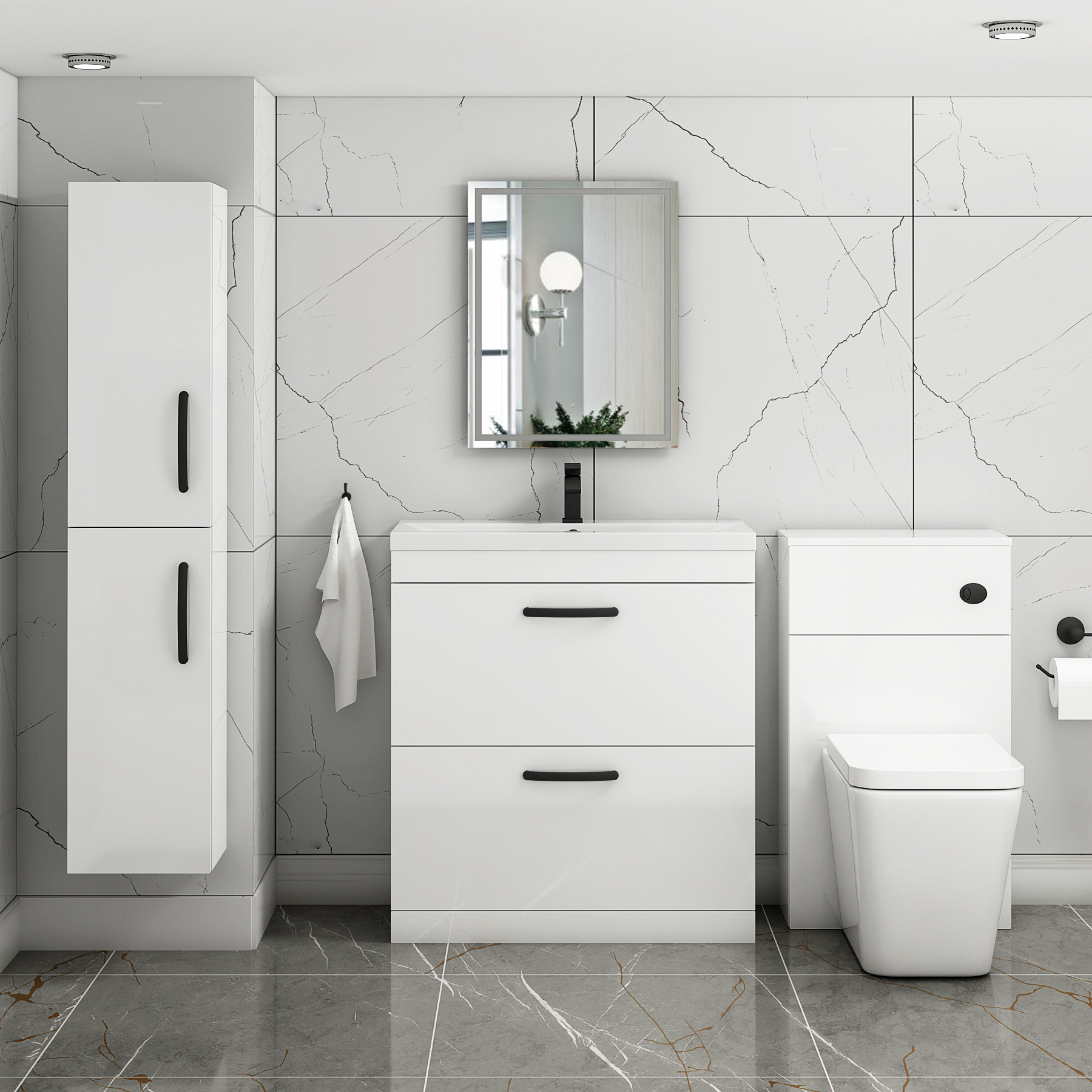 Turin 800mm Floor Standing Vanity Unit Gloss White 2 Drawer Mid-Edge Basin Unit with Matt Black Handle