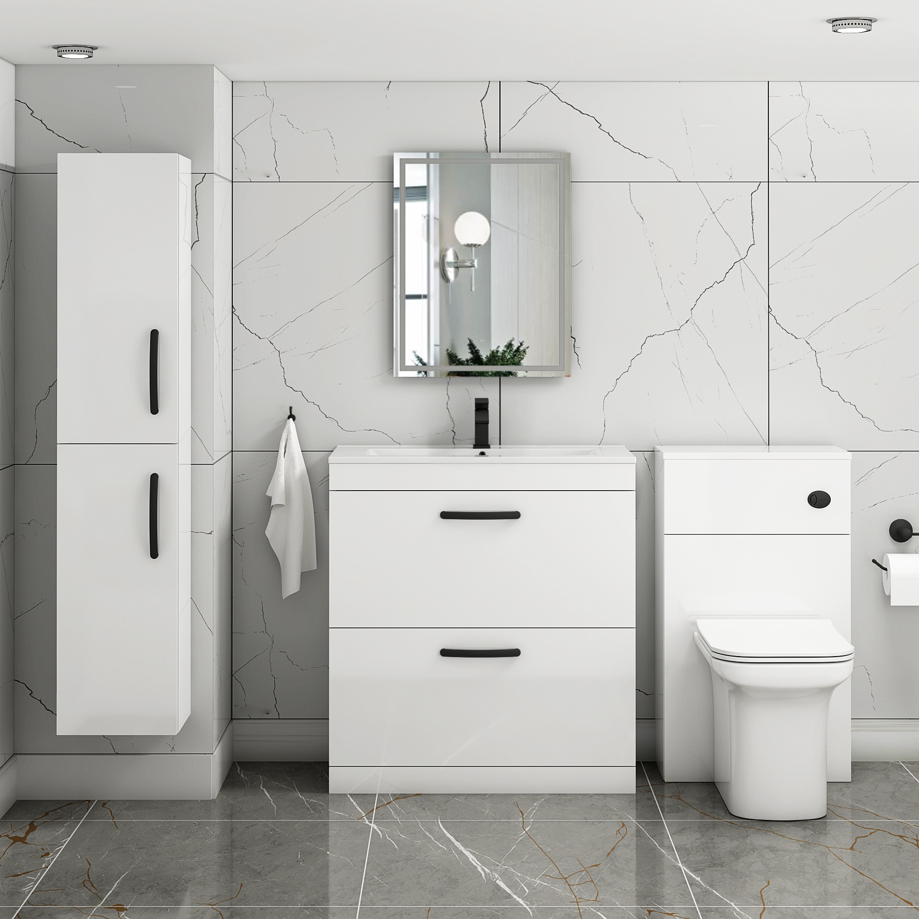 Turin 800mm Floor Standing Vanity Unit Gloss White 2 Drawer Minimalist Basin Unit with Matt Black Handle