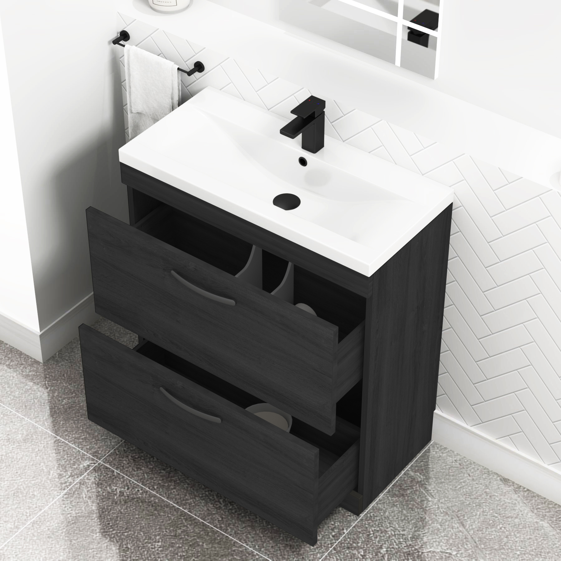 Turin 800mm Floor Standing Vanity Unit Hale Black 2 Drawer Mid-Edge Basin Unit with Matt Black Handle