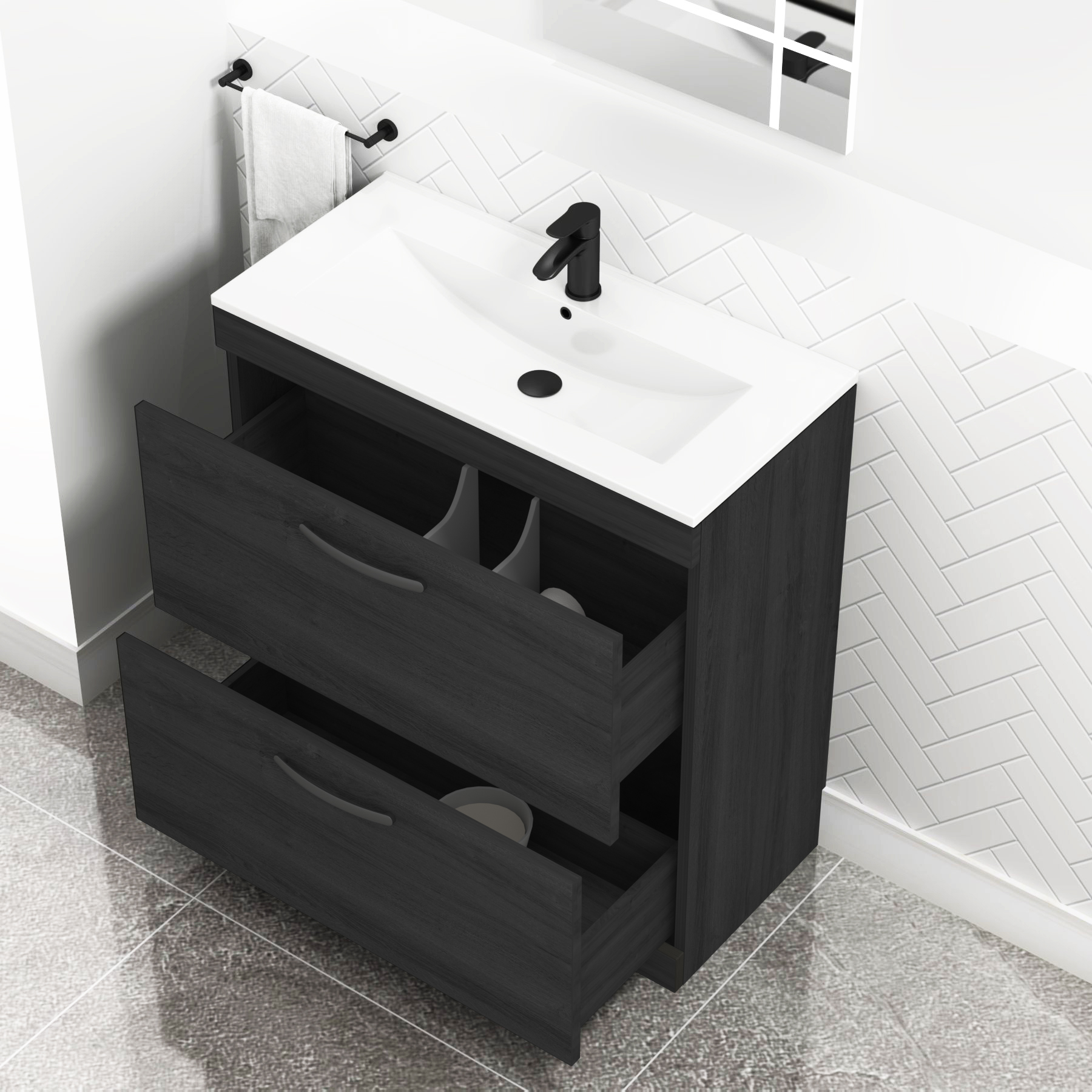 Turin 800mm Floor Standing Vanity Unit Hale Black 2 Drawer Minimalist Basin Unit with Matt Black Handle