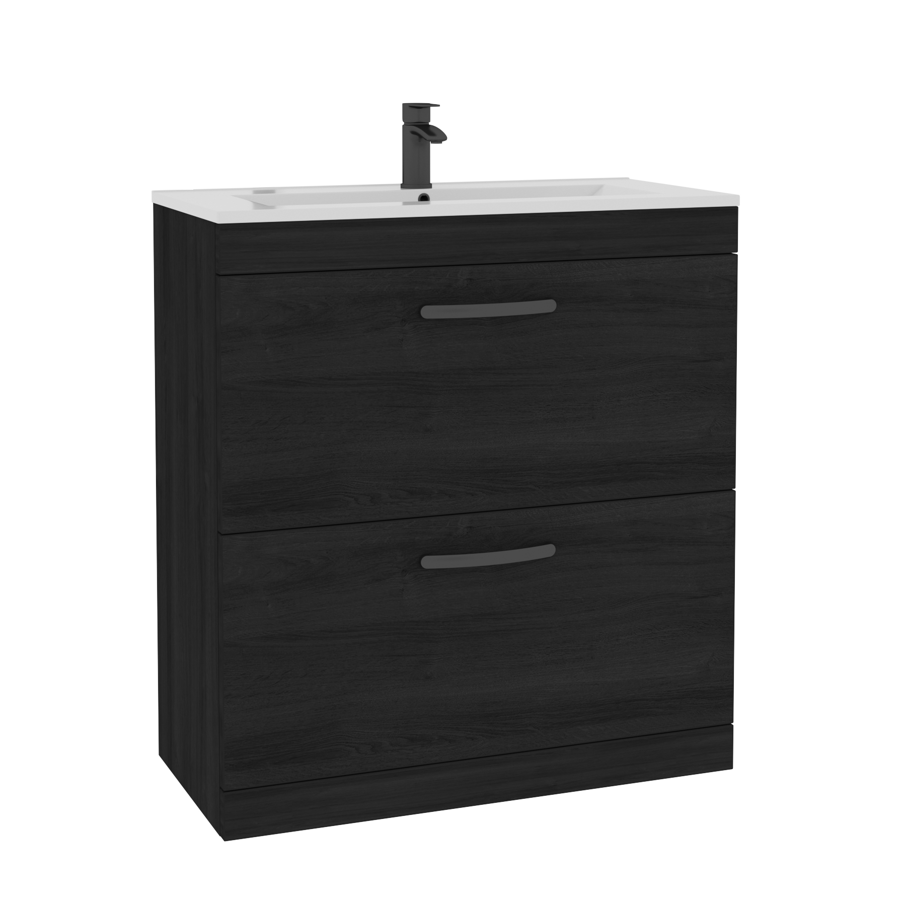 Turin 800mm Floor Standing Vanity Unit Hale Black 2 Drawer Minimalist Basin Unit with Matt Black Handle