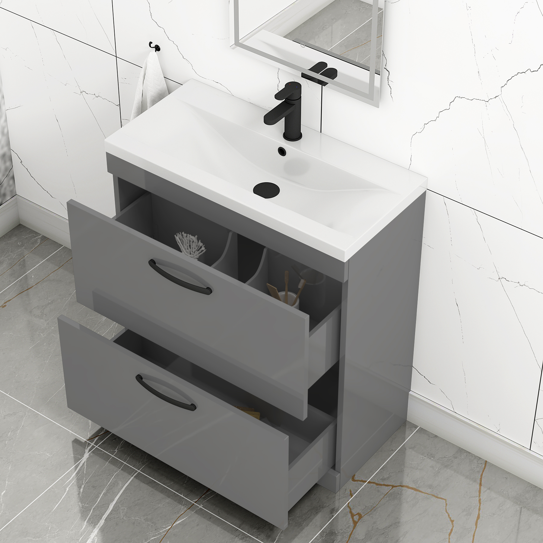 Turin 800mm Floor Standing Vanity Unit Indigo Grey Gloss 2 Drawer Mid-Edge Basin Unit with Matt Black Handle