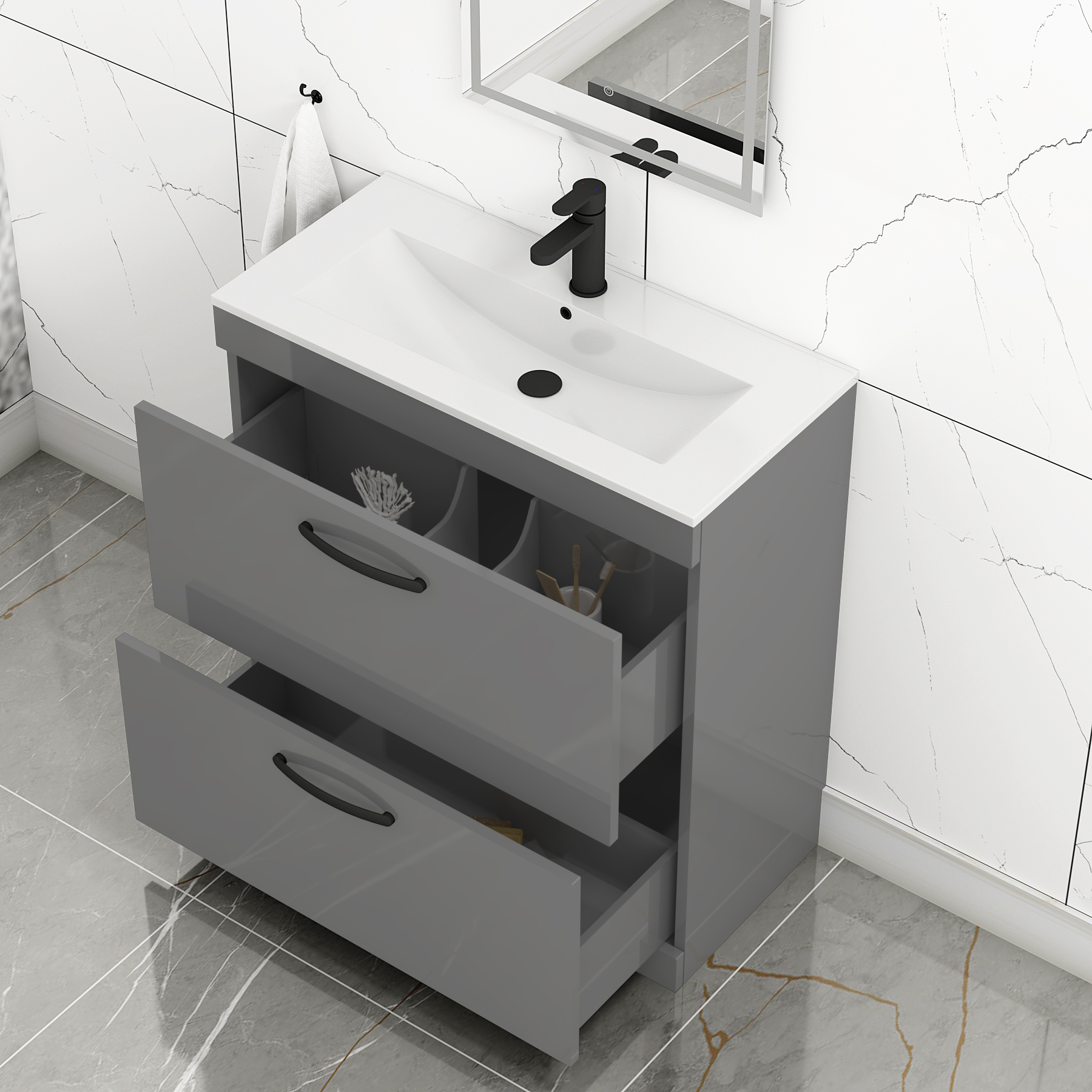 Turin 800mm Floor Standing Vanity Unit Indigo Grey Gloss 2 Drawer Minimalist Basin Unit with Matt Black Handle