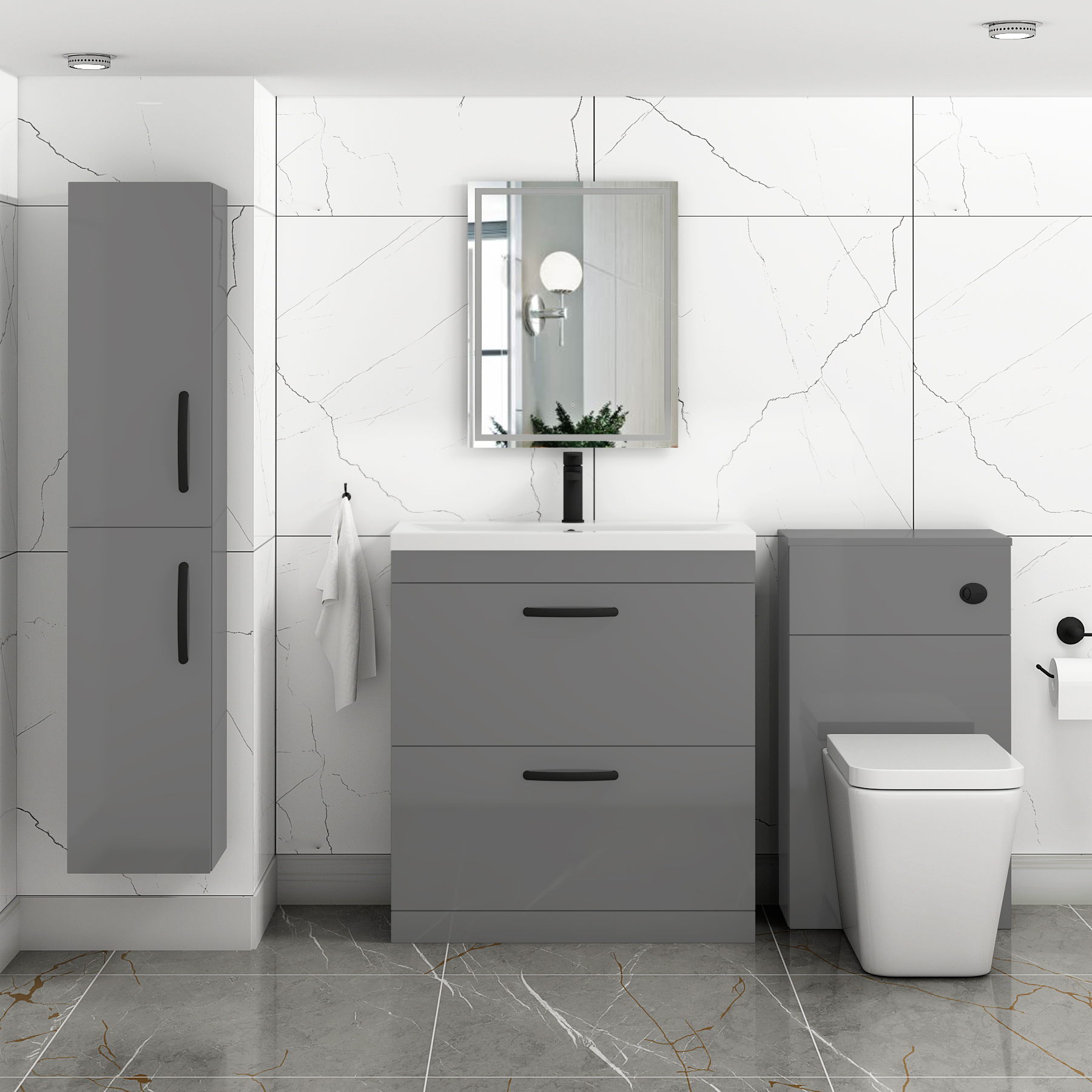 Turin 800mm Floor Standing Vanity Unit Indigo Grey Gloss 2 Drawer Mid-Edge Basin Unit with Matt Black Handle