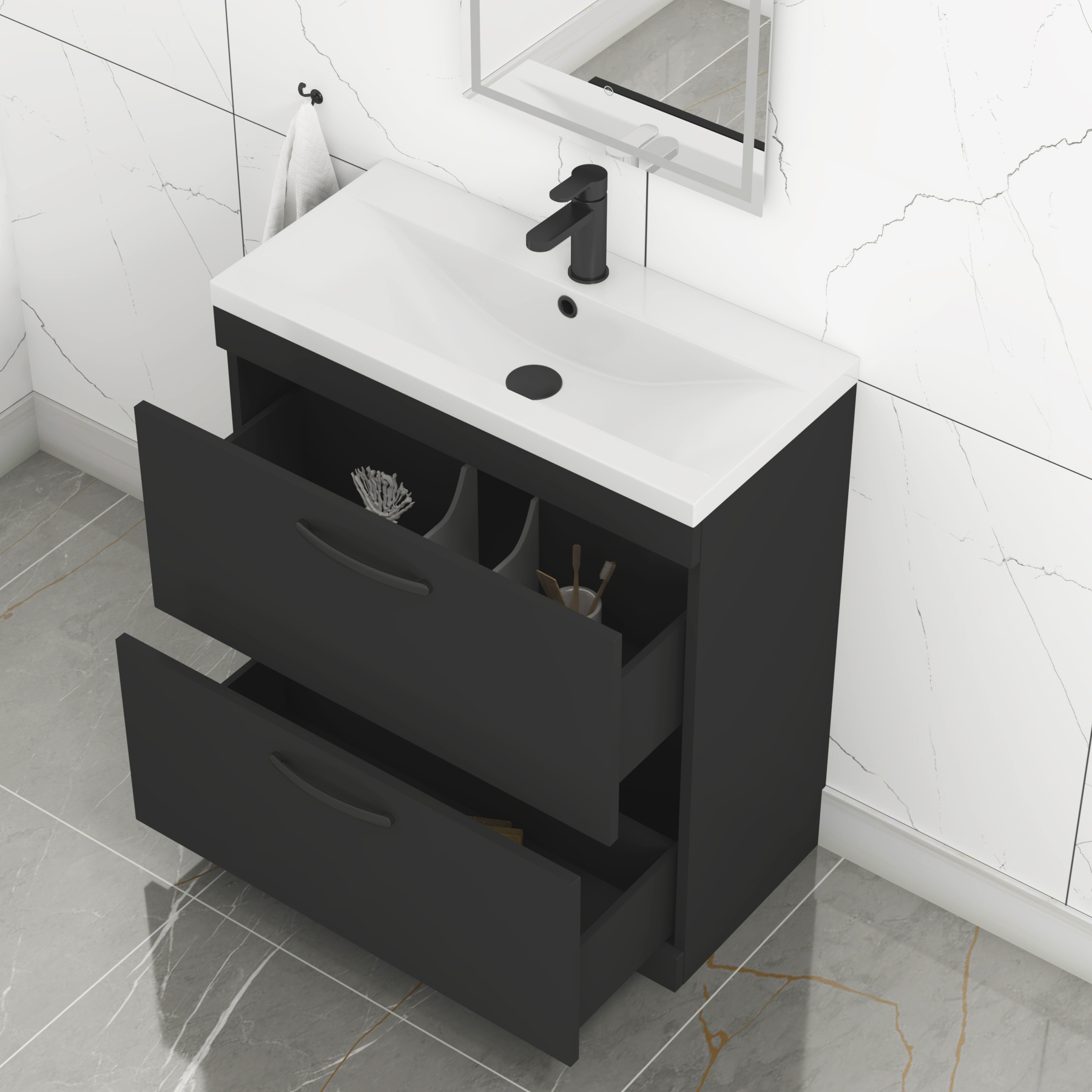 Turin 800mm Floor Standing Vanity Unit Matt Black 2 Drawer Mid-Edge Basin with Matt Black Handles