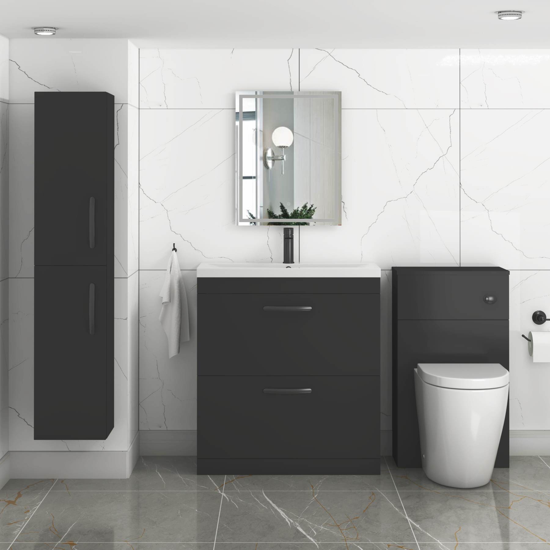 Turin 800mm Floor Standing Vanity Unit Matt Black 2 Drawer Mid-Edge Basin with Matt Black Handles