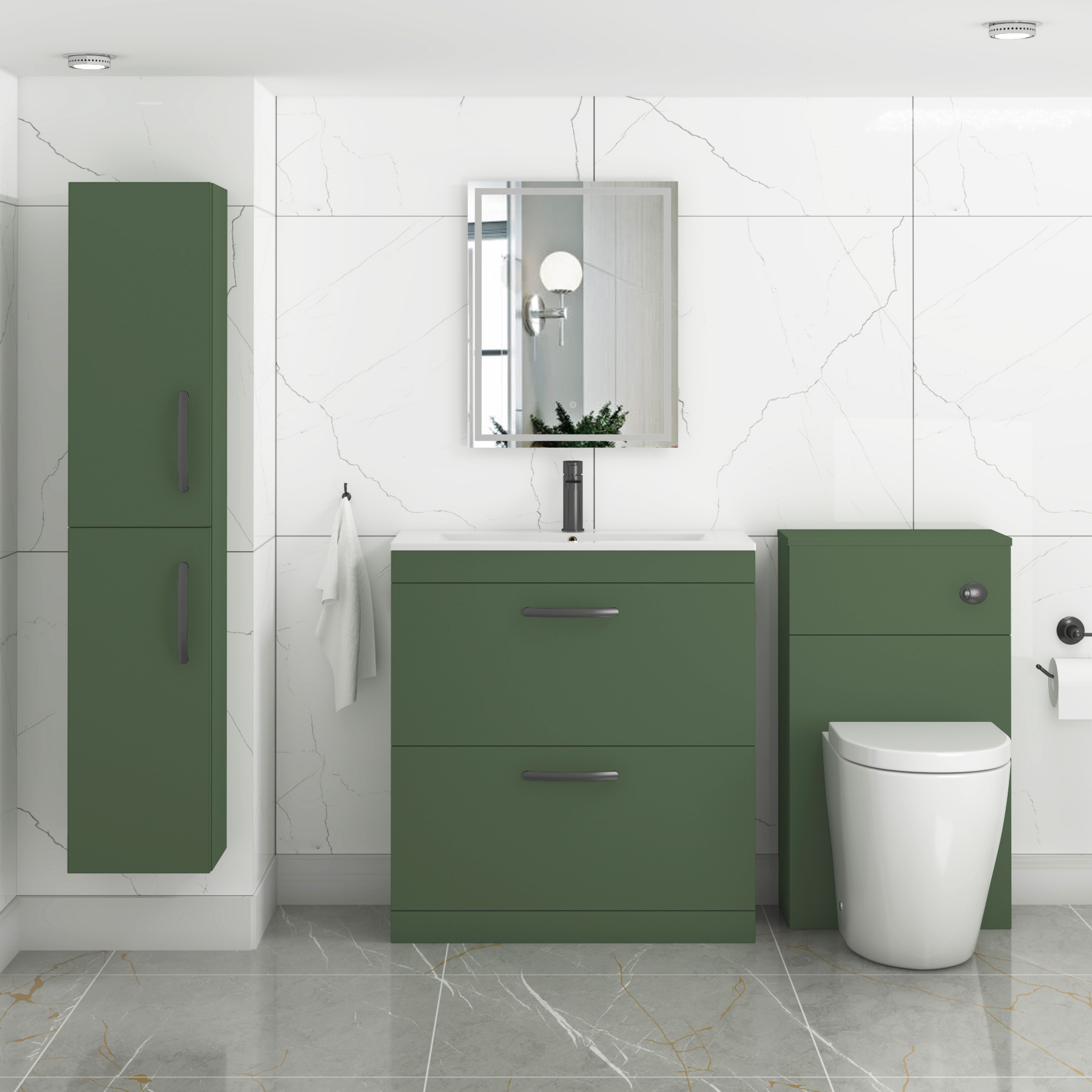 Turin 800mm Floor Standing Vanity Unit Matt Green 2 Drawer Minimalist Basin with Matt Black Handles