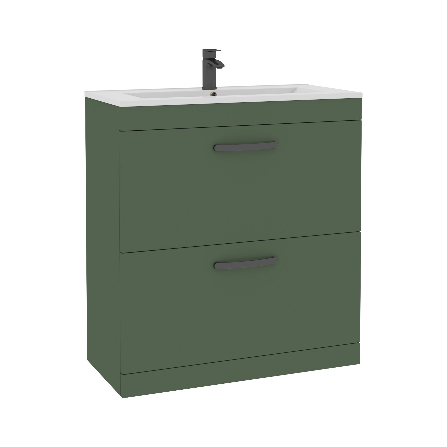 Turin 800mm Floor Standing Vanity Unit Matt Green 2 Drawer Minimalist Basin with Matt Black Handles