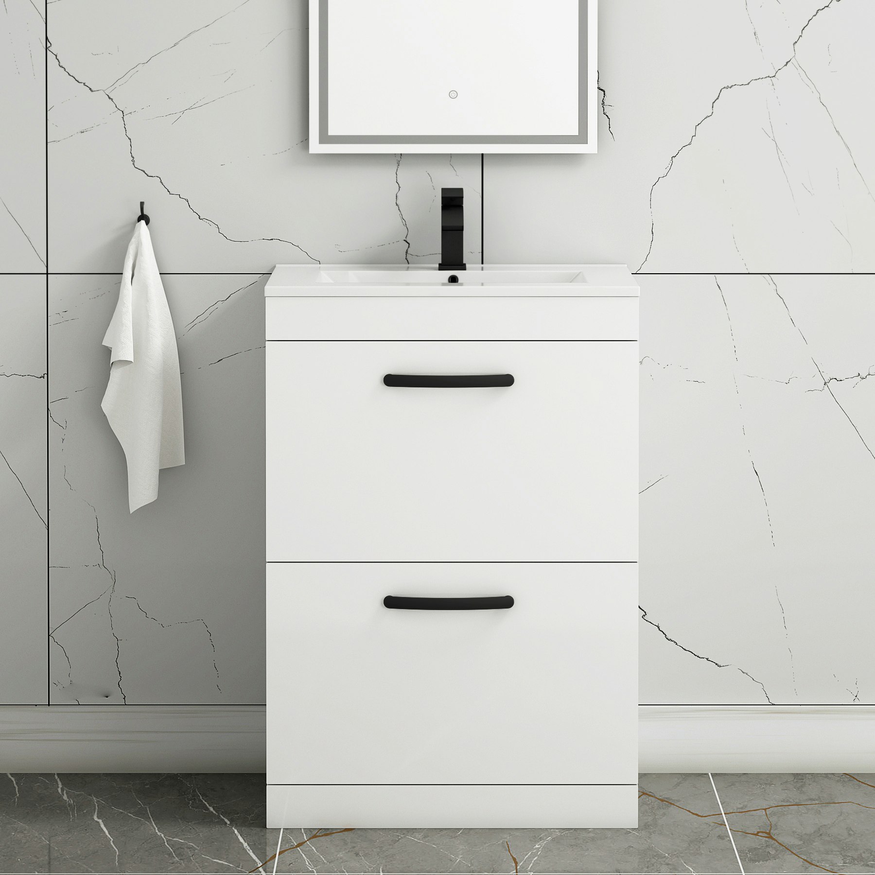 Turin 600mm Floor Standing Vanity Unit Gloss White 2 Drawer Minimalist Basin Unit with Matt Black Handle
