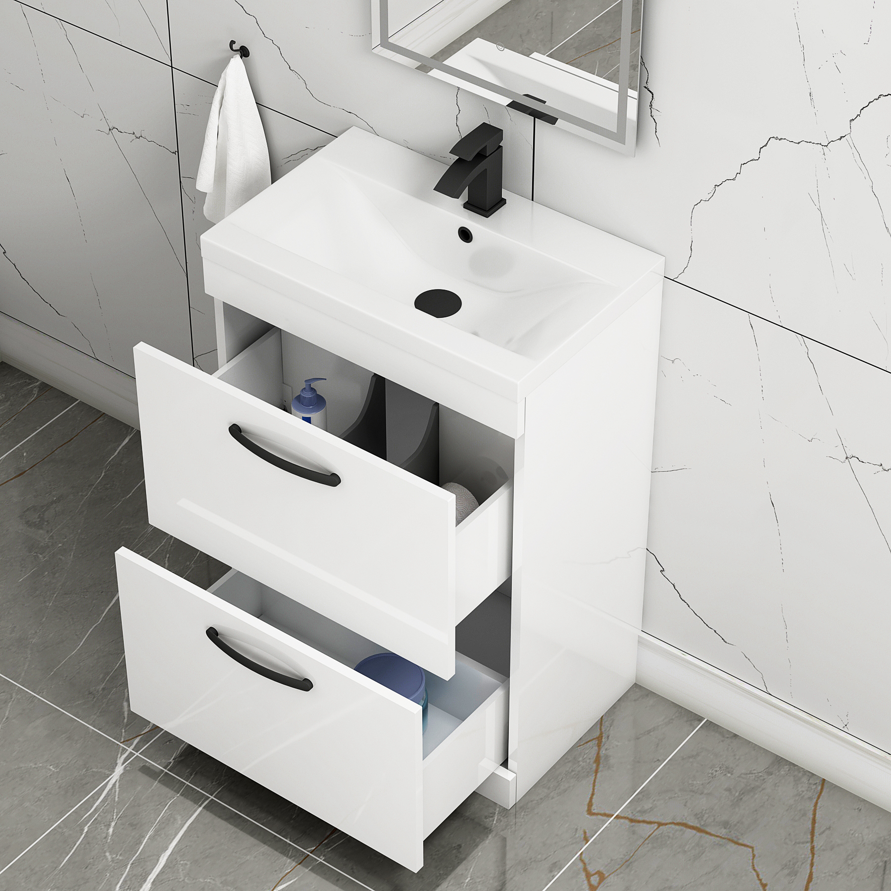 Turin 600mm Floor Standing Vanity Unit Gloss White 2 Drawer Mid-Edge Basin Unit with Matt Black Handle