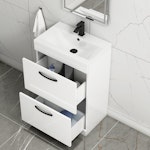 Turin 600mm Floor Standing Vanity Unit Gloss White 2 Drawer Mid-Edge Basin Unit with Matt Black Handle