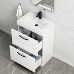 Turin 600mm Floor Standing Vanity Unit Gloss White 2 Drawer Minimalist Basin Unit with Matt Black Handle