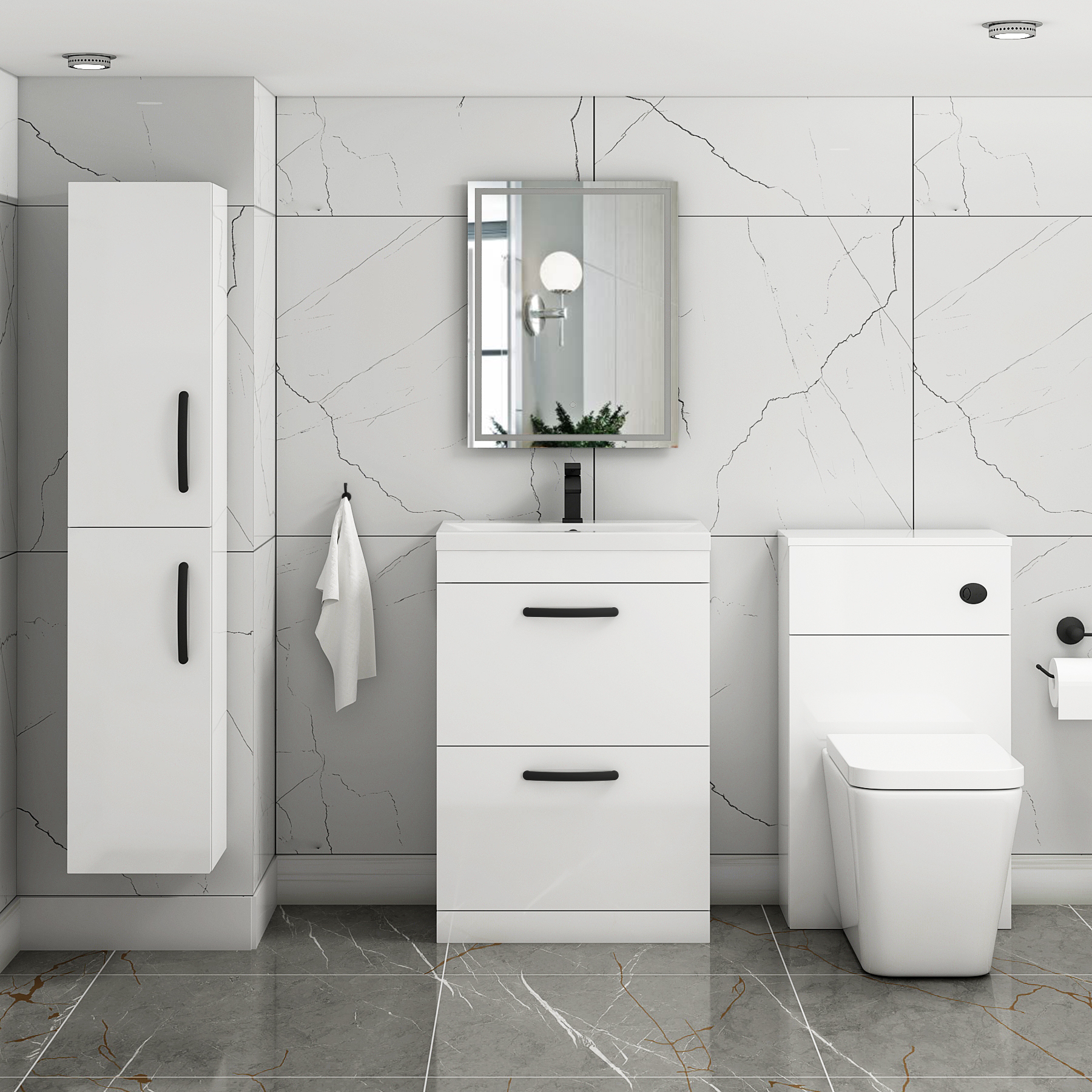 Turin 600mm Floor Standing Vanity Unit Gloss White 2 Drawer Mid-Edge Basin Unit with Matt Black Handle