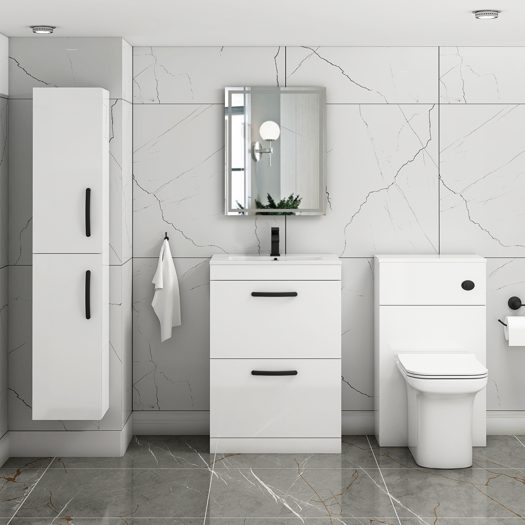 Turin 600mm Floor Standing Vanity Unit Gloss White 2 Drawer Minimalist Basin Unit with Matt Black Handle