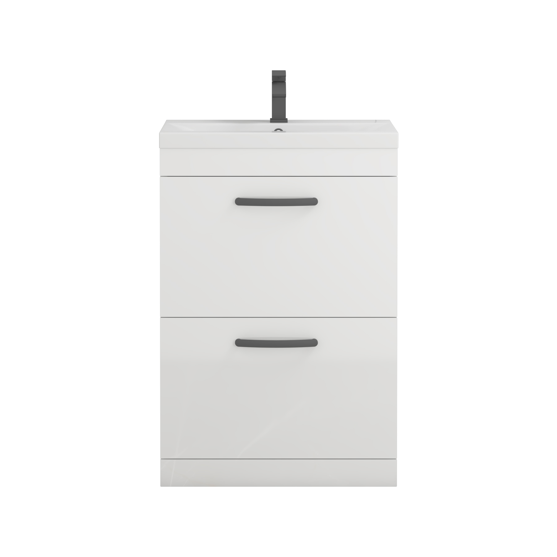 Turin 600mm Floor Standing Vanity Unit Gloss White 2 Drawer Mid-Edge Basin Unit with Matt Black Handle