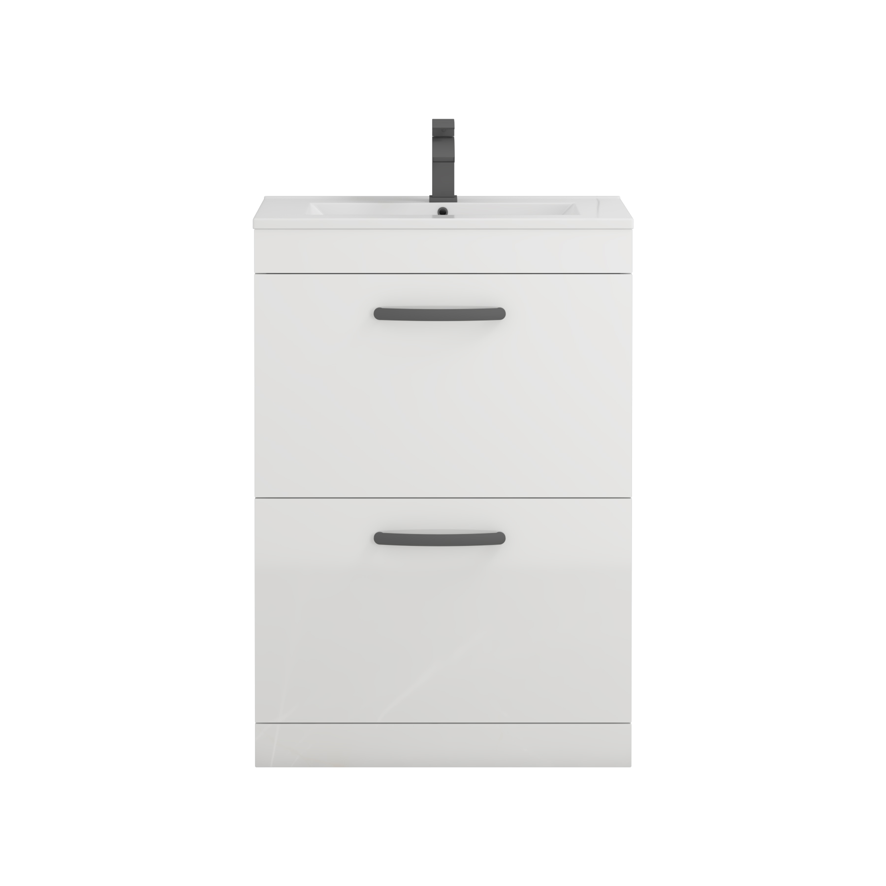 Turin 600mm Floor Standing Vanity Unit Gloss White 2 Drawer Minimalist Basin Unit with Matt Black Handle