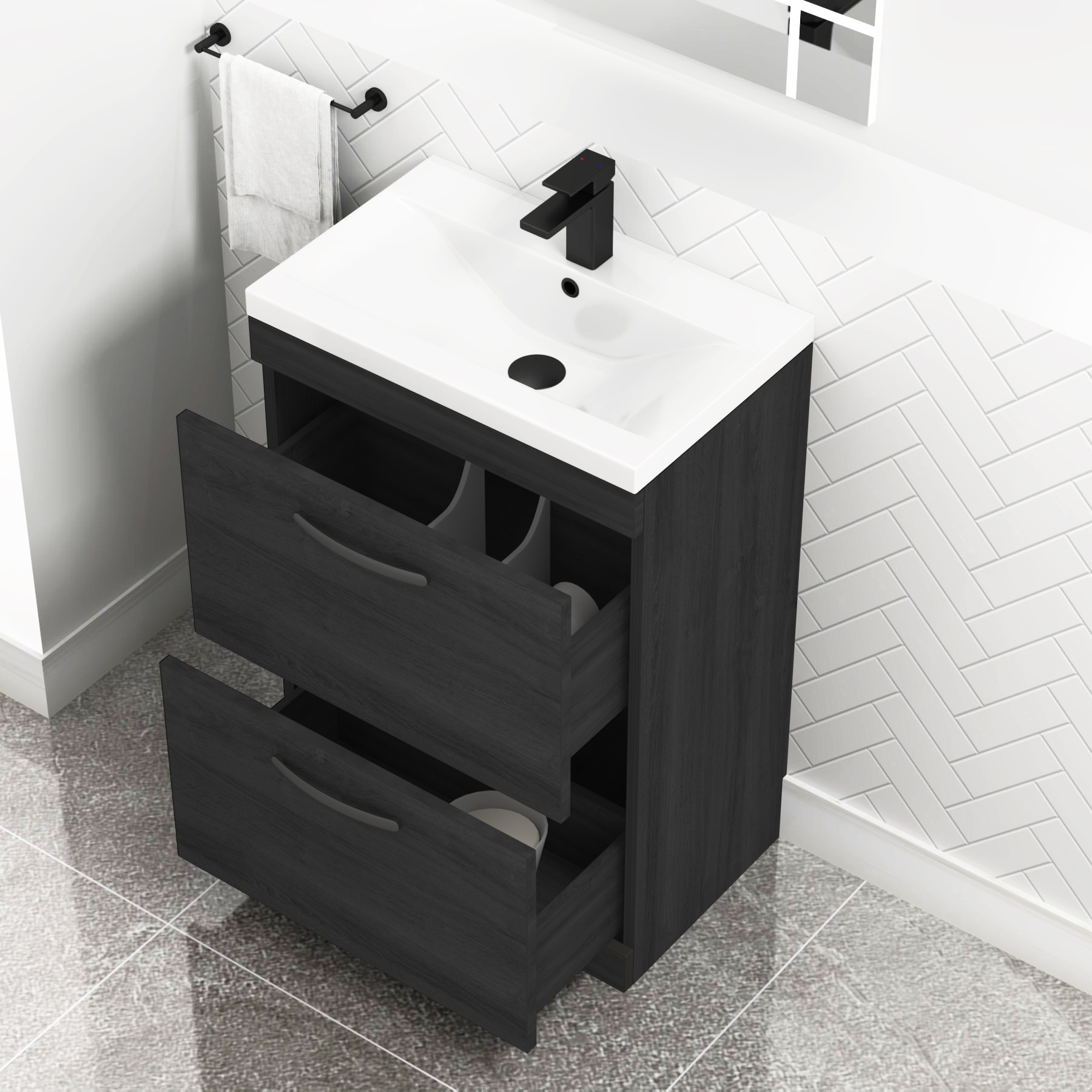 Turin 600mm Floor Standing Vanity Unit Hale Black 2 Drawer Mid-Edge Basin Unit with Matt Black Handle