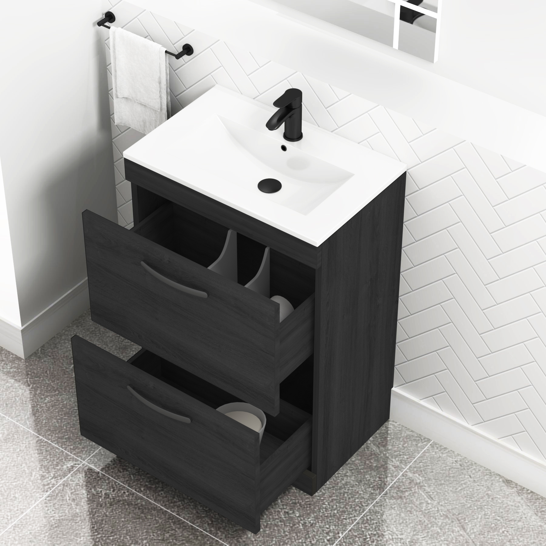 Turin 600mm Floor Standing Vanity Unit Hale Black 2 Drawer Minimalist Basin Unit with Matt Black Handle