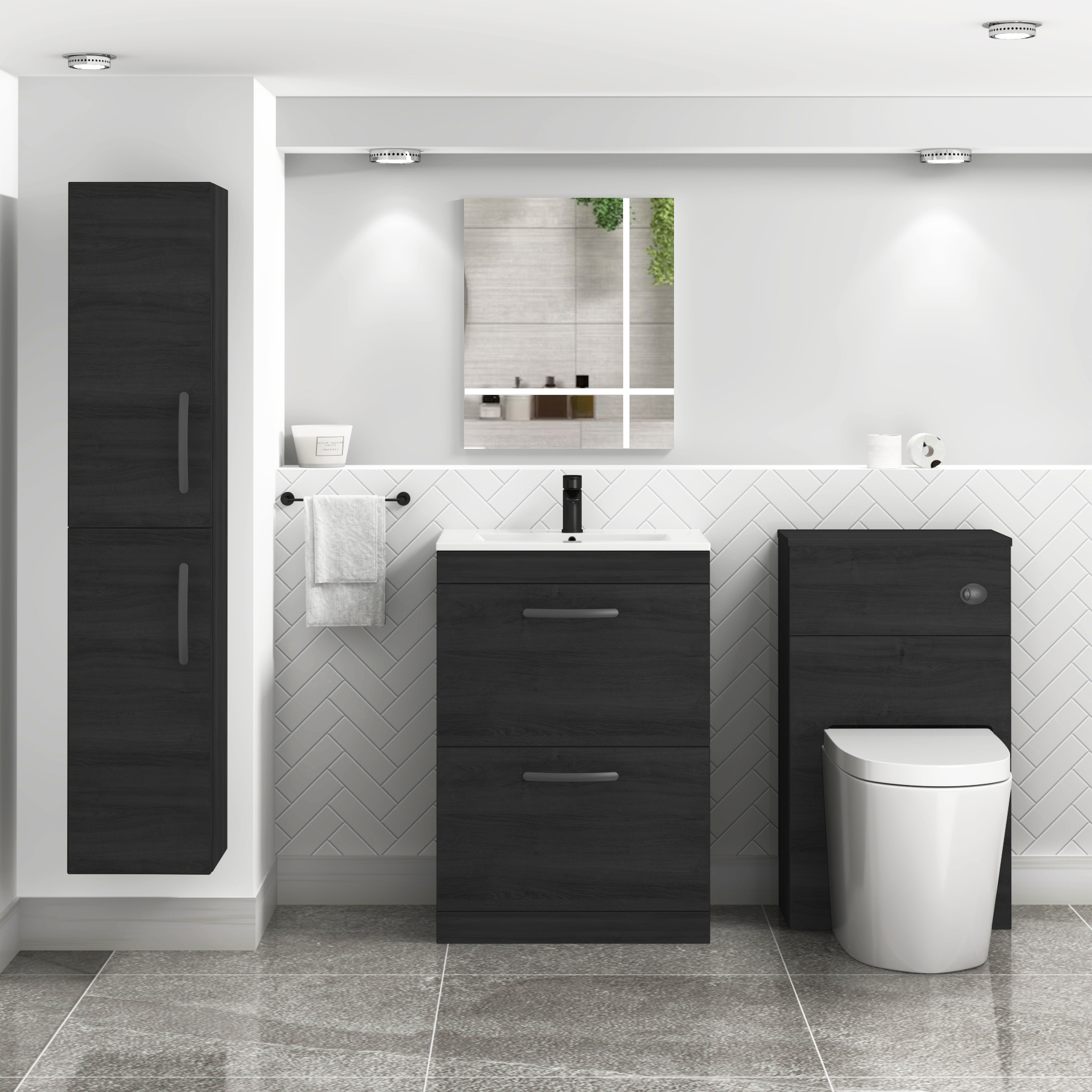 Turin 600mm Floor Standing Vanity Unit Hale Black 2 Drawer Minimalist Basin Unit with Matt Black Handle