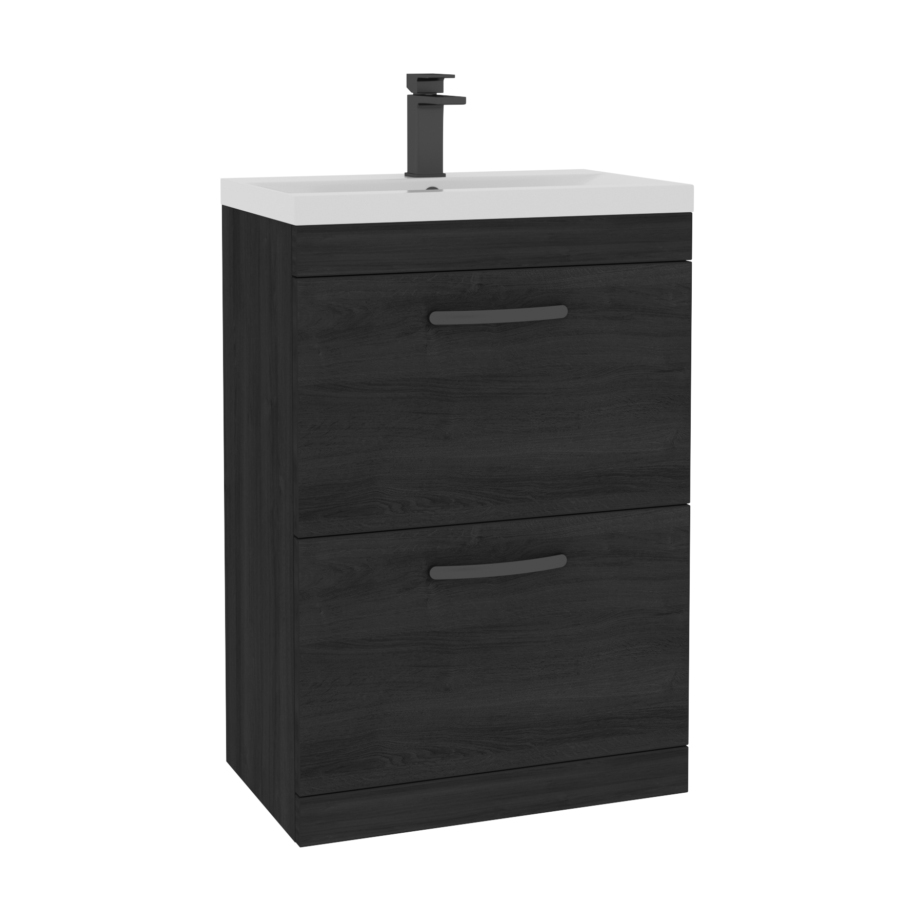 Turin 600mm Floor Standing Vanity Unit Hale Black 2 Drawer Mid-Edge Basin Unit with Matt Black Handle