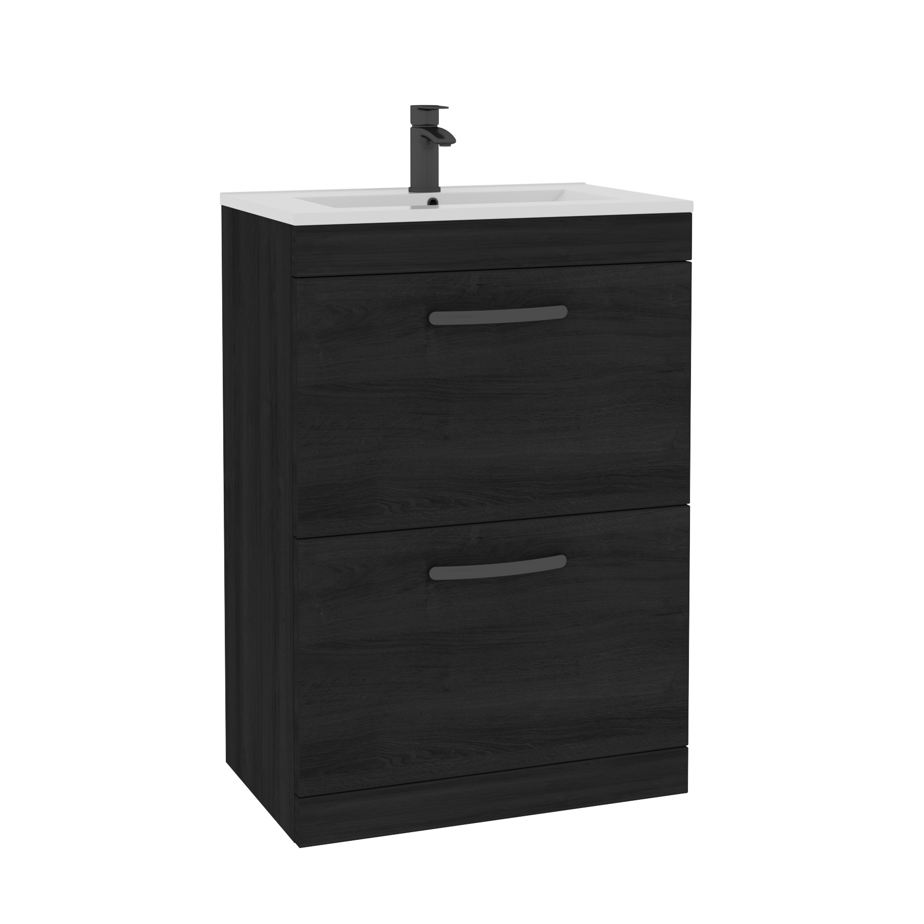 Turin 600mm Floor Standing Vanity Unit Hale Black 2 Drawer Minimalist Basin Unit with Matt Black Handle