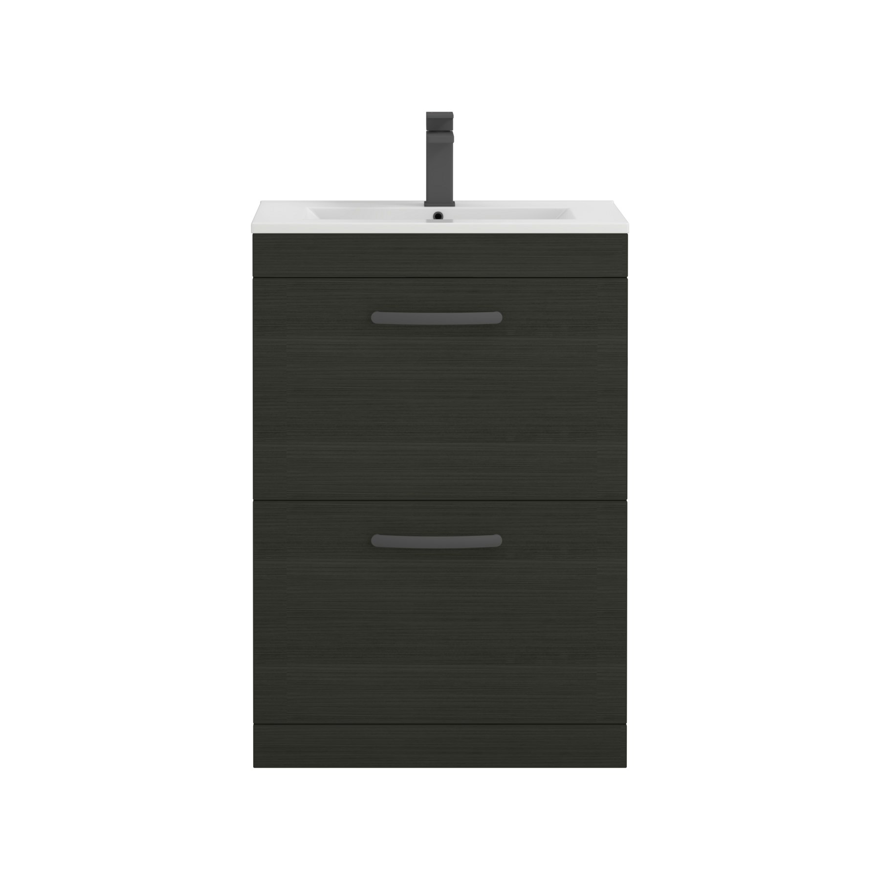 Turin 600mm Floor Standing Vanity Unit Hale Black 2 Drawer Minimalist Basin Unit with Matt Black Handle