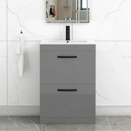 Turin 600mm Floor Standing Vanity Unit Indigo Grey Gloss 2 Drawer Minimalist Basin Unit with Matt Black Handle